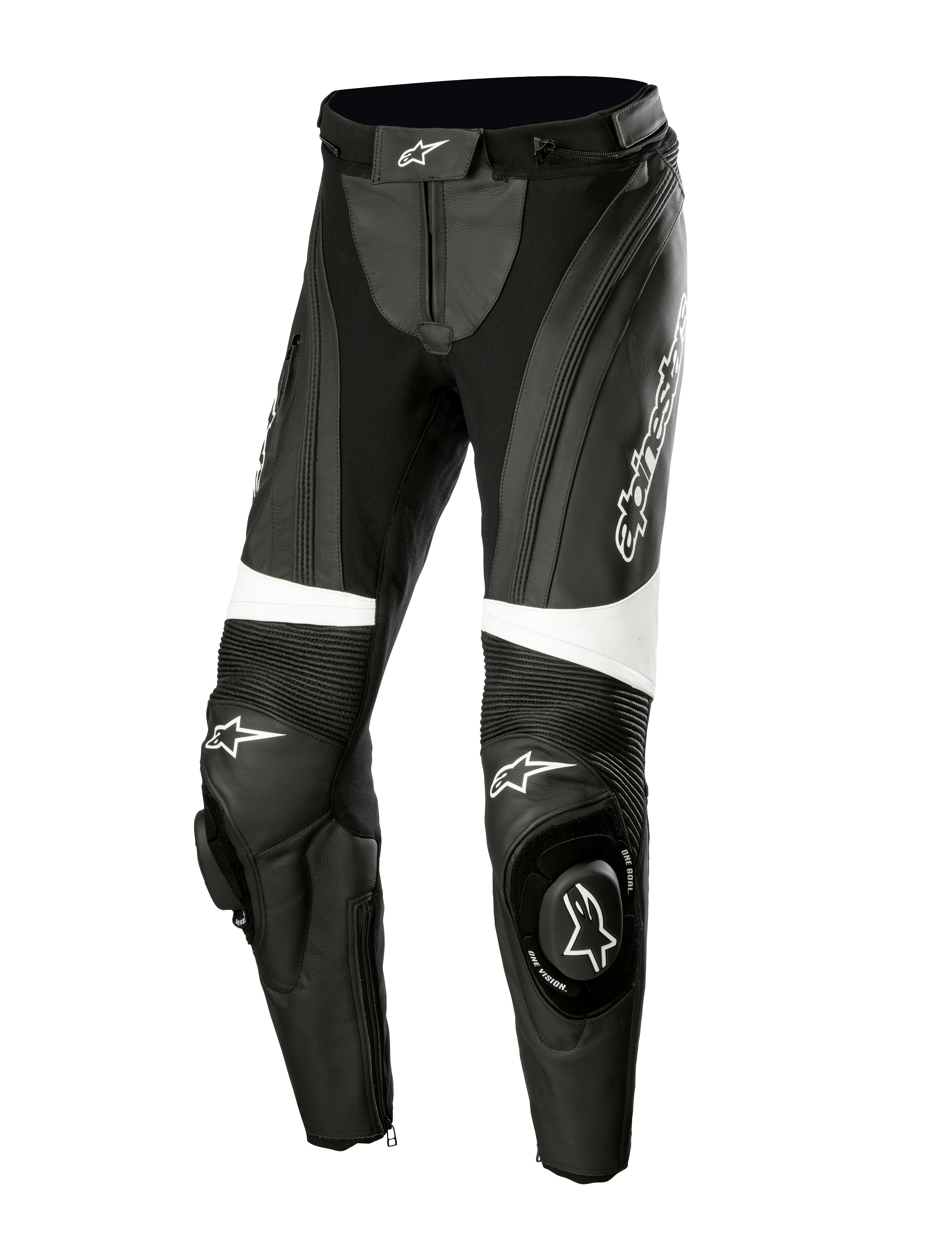 Alpinestars Stella Missile V3 Leather Pants, pantaloni moto racing da donna, nero e bianco, con pannelli a fisarmonica sopra le ginocchia, slider integrati con logo Alpinestars, dettagli bianchi e vestibilità aerodinamica per guida sportiva e in pista.