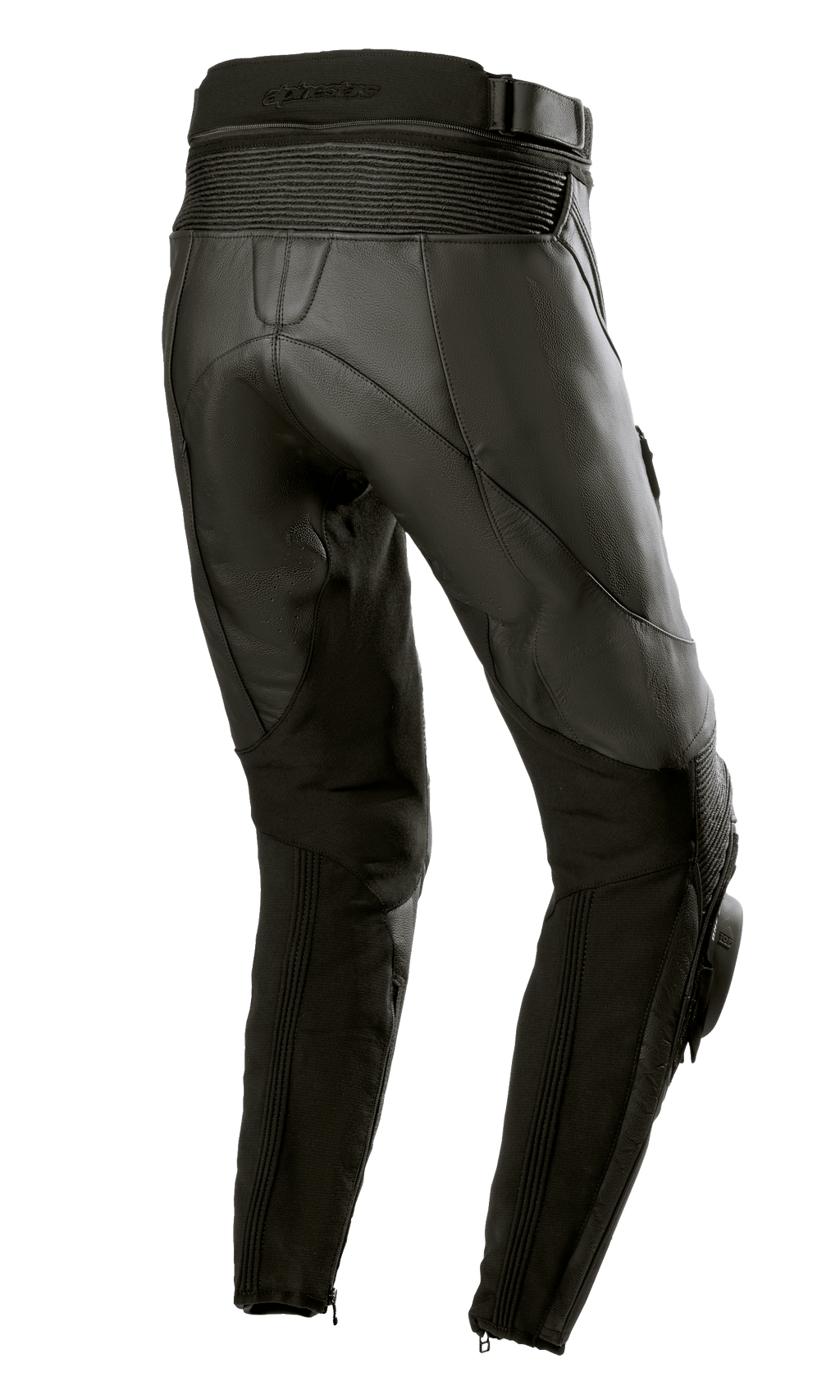 Alpinestars Stella Missile V3 Leather Pants da donna, Nero Nero, vista posteriore che mostra la vita alta e le zone elasticizzate in pelle a soffietto sopra il ginocchio, struttura in pregiata pelle bovina con pannelli elasticizzati sui polpacci e zip alle caviglie, progettati per la guida racing e sportiva.