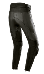 Alpinestars Stella Missile V3 Leather Pants da donna, Nero Nero, vista posteriore che mostra la vita alta e le zone elasticizzate in pelle a soffietto sopra il ginocchio, struttura in pregiata pelle bovina con pannelli elasticizzati sui polpacci e zip alle caviglie, progettati per la guida racing e sportiva.