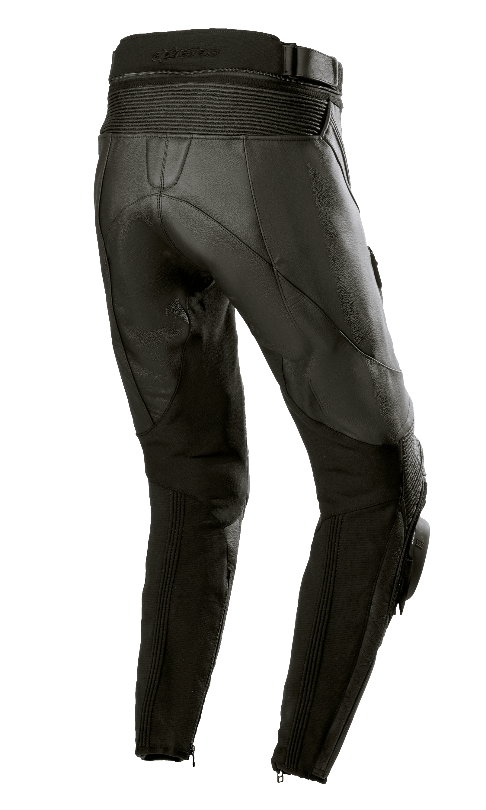 Alpinestars Stella Missile V3 Leather Pants da donna, Nero Nero, vista posteriore che mostra la vita alta e le zone elasticizzate in pelle a soffietto sopra il ginocchio, struttura in pregiata pelle bovina con pannelli elasticizzati sui polpacci e zip alle caviglie, progettati per la guida racing e sportiva.