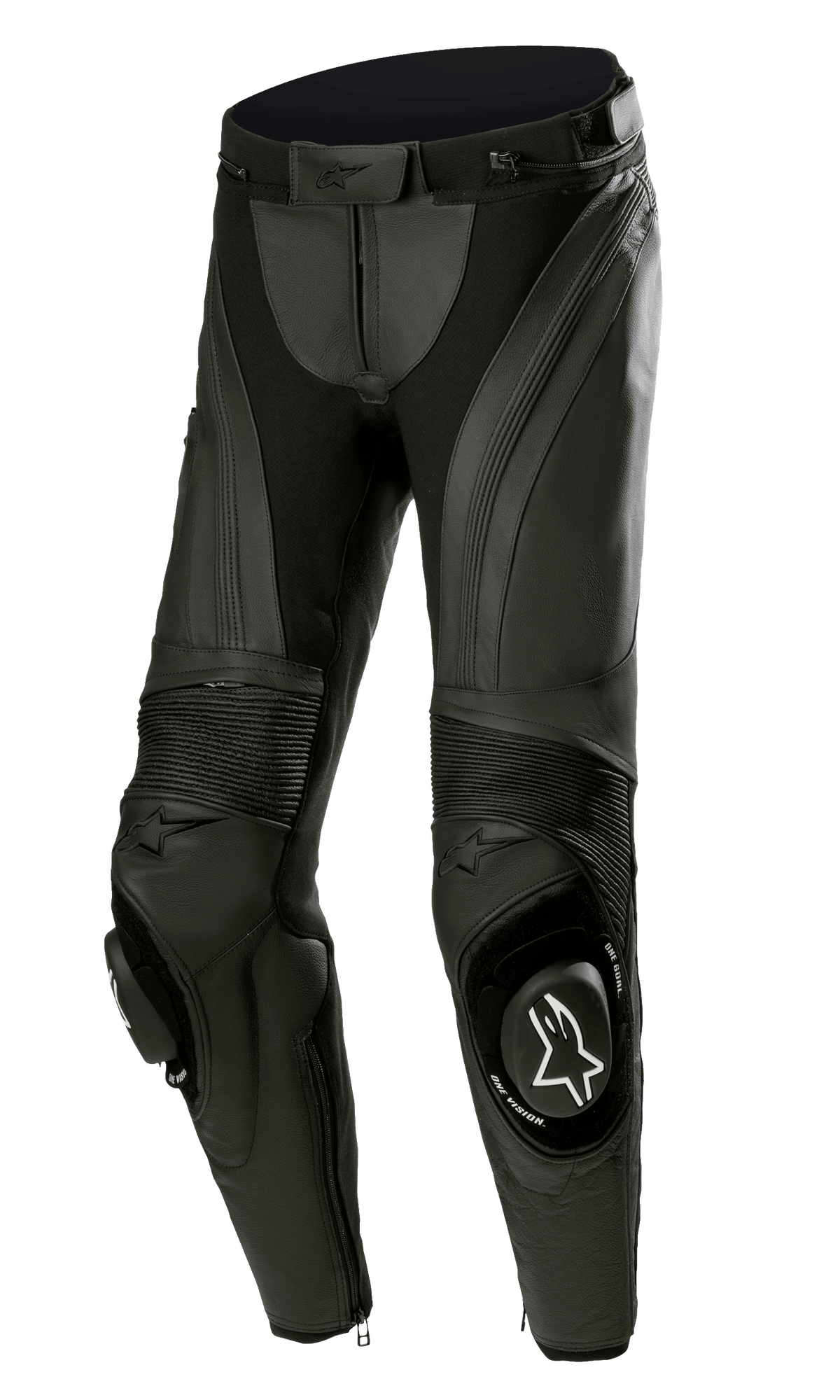 Pantaloni in pelle Alpinestars Stella Missile V3, pantaloni da moto racing da donna, neri, in pelle pregiata con pannelli elastici a fisarmonica, slider per ginocchia sostituibili con logo Alpinestars bianco e design ergonomico pre-curvato
