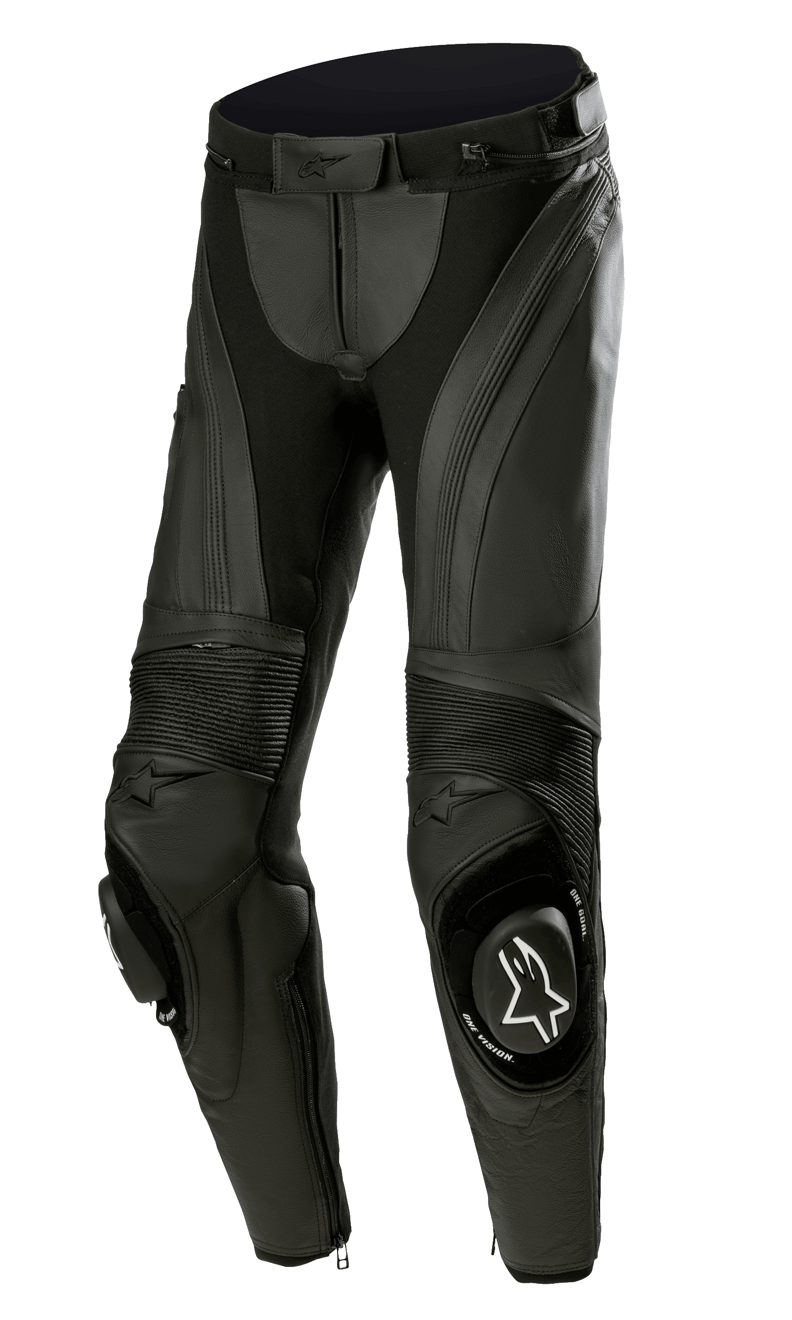Pantaloni in pelle Alpinestars Stella Missile V3, pantaloni da moto racing da donna, neri, in pelle pregiata con pannelli elastici a fisarmonica, slider per ginocchia sostituibili con logo Alpinestars bianco e design ergonomico pre-curvato