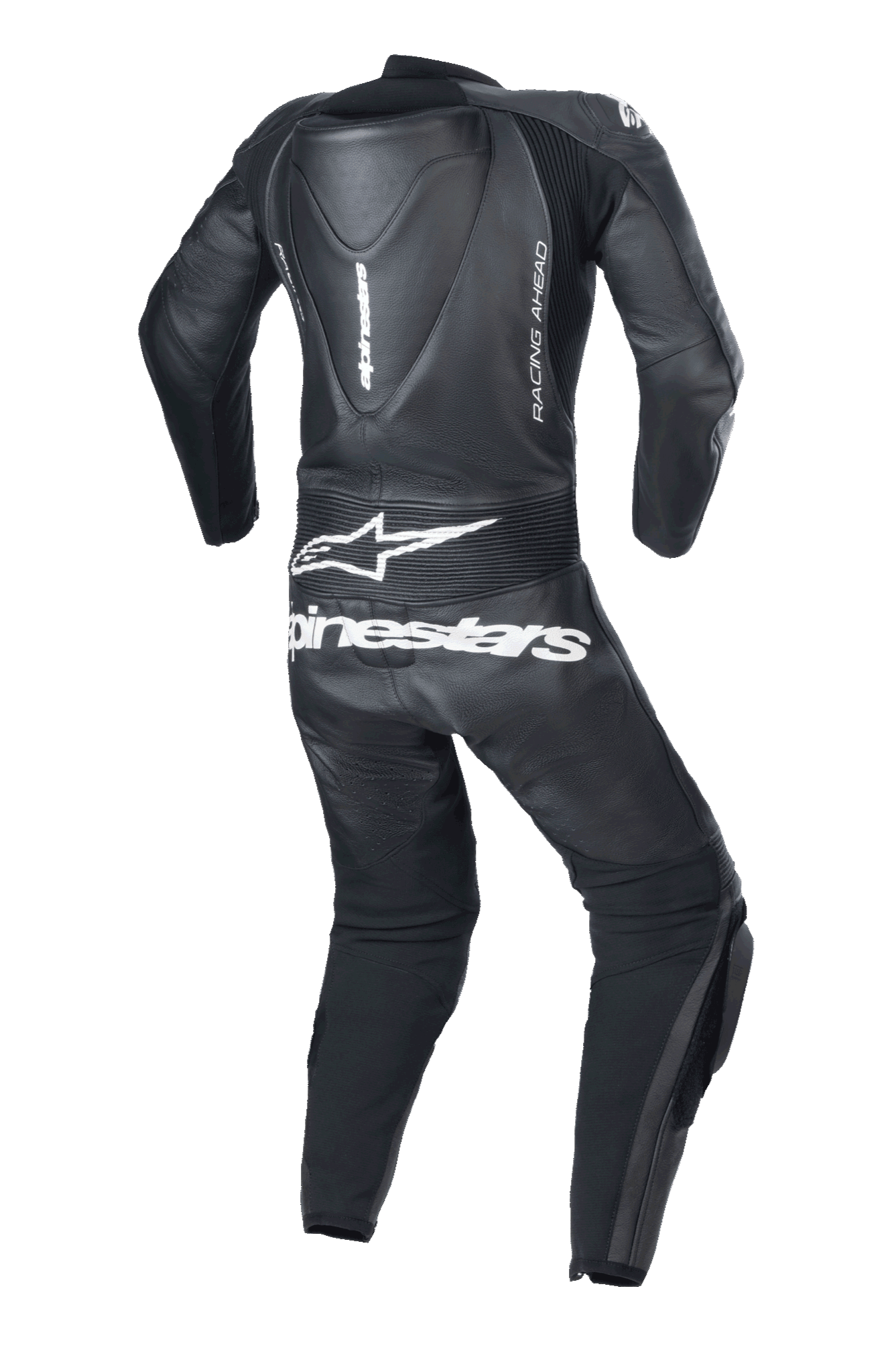 Alpinestars Youth GP Plus V2 Tuta in pelle intera, nero, vista posteriore con gobba aerodinamica, logo e scritta Alpinestars bianchi sulla parte inferiore della schiena, branding laterale 'RACING AHEAD' e pannelli a fisarmonica elasticizzati per la mobilità.