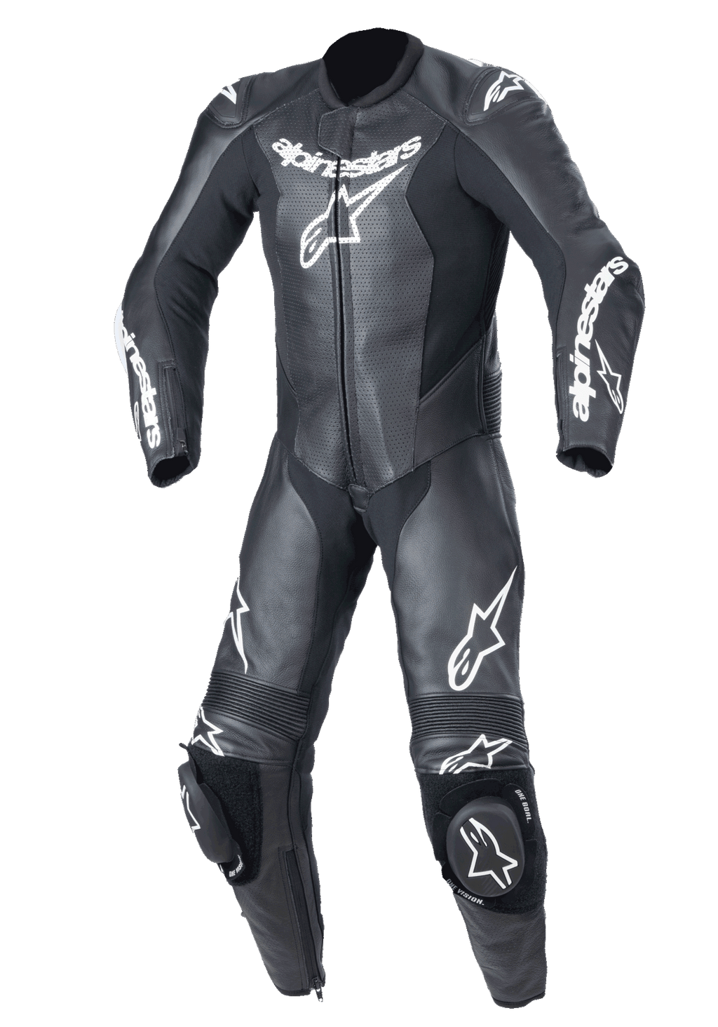 Alpinestars Youth GP Plus V2, tuta da corsa in pelle monopezzo per ragazzi, nera con loghi Alpinestars bianchi, pannelli sul petto in pelle traforata, saponette integrate, pannelli a soffietto su ginocchia e spalle, design professionale da pista per giovani piloti