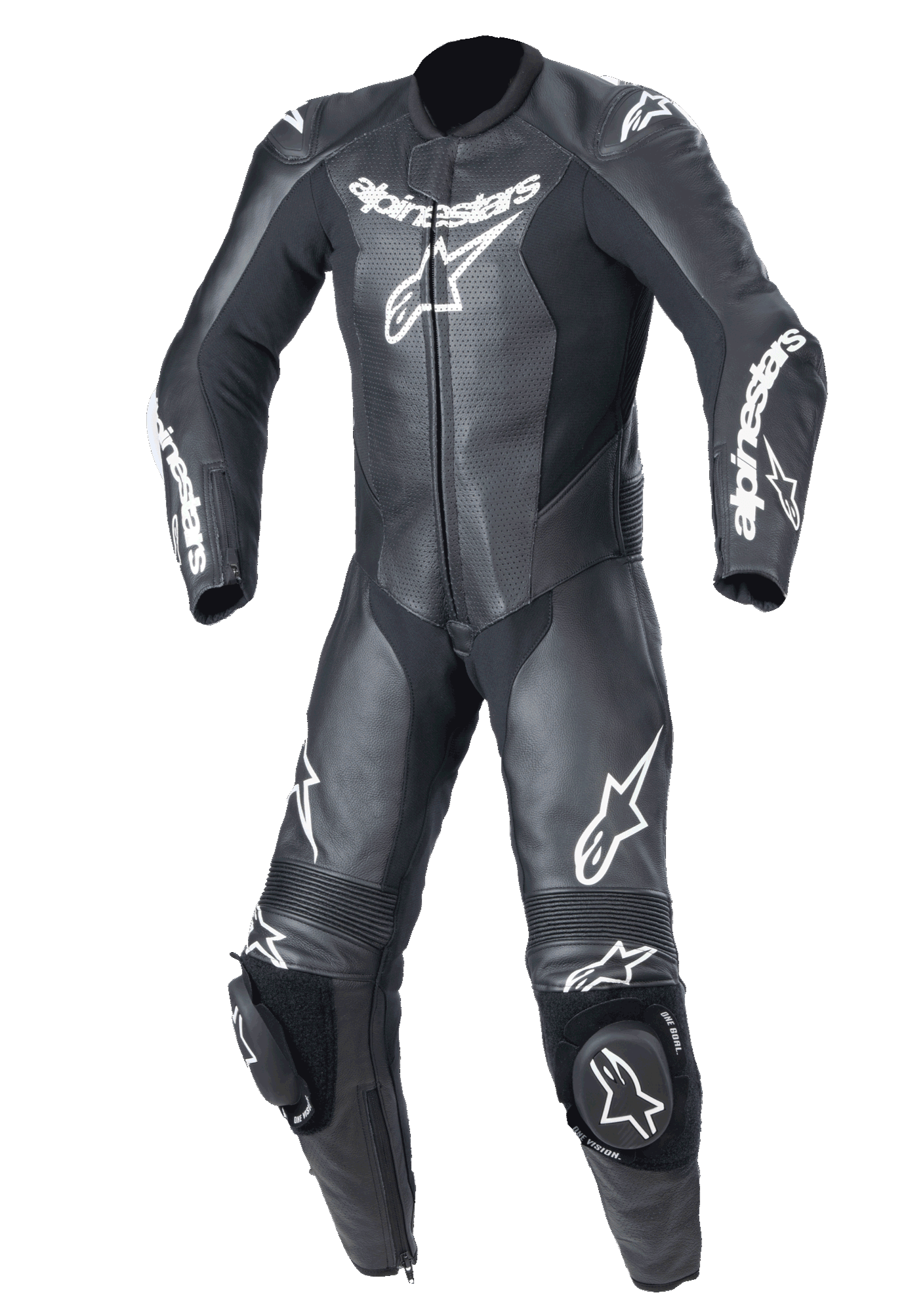 Alpinestars Youth GP Plus V2, tuta da corsa in pelle monopezzo per ragazzi, nera con loghi Alpinestars bianchi, pannelli sul petto in pelle traforata, saponette integrate, pannelli a soffietto su ginocchia e spalle, design professionale da pista per giovani piloti