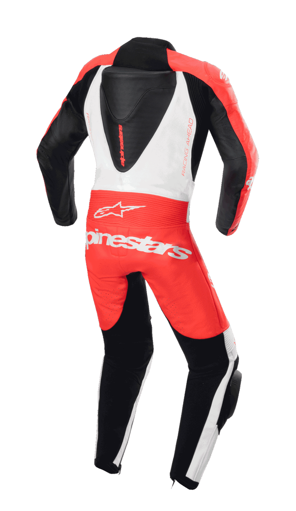 Tuta in pelle intera Alpinestars Youth GP Plus V2, vista posteriore, rosso fluo, bianco e nero, con gobba aerodinamica e marchio Alpinestars, design racing professionale per giovani piloti