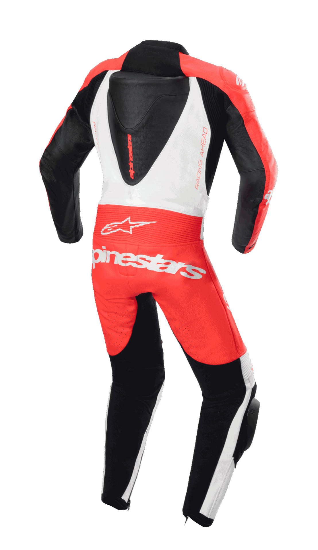 Tuta in pelle intera Alpinestars Youth GP Plus V2, vista posteriore, rosso fluo, bianco e nero, con gobba aerodinamica e marchio Alpinestars, design racing professionale per giovani piloti