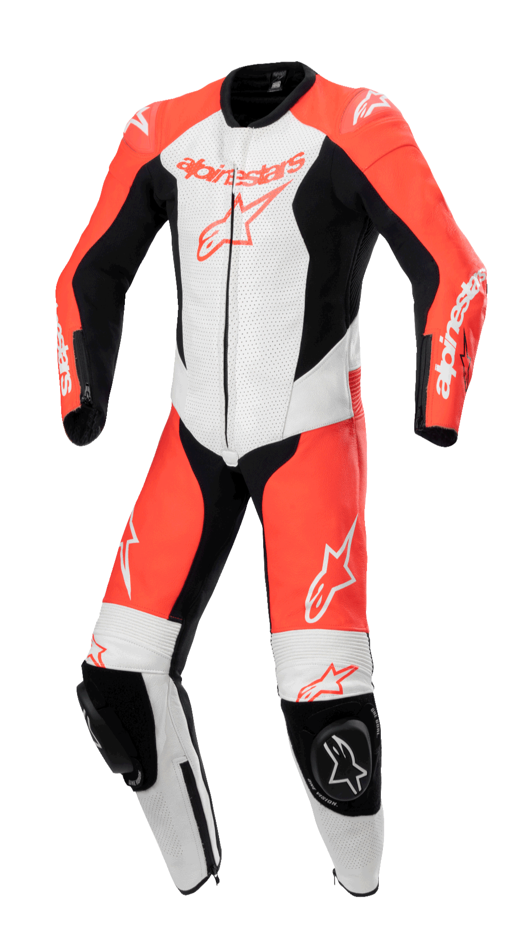 Alpinestars Youth GP Plus V2, tuta in pelle intera da corsa per moto, rosso fluo, bianco e nero, con pannelli di ventilazione traforati, saponette nere sulle ginocchia con logo Astar e vestibilità racing aerodinamica per giovani piloti