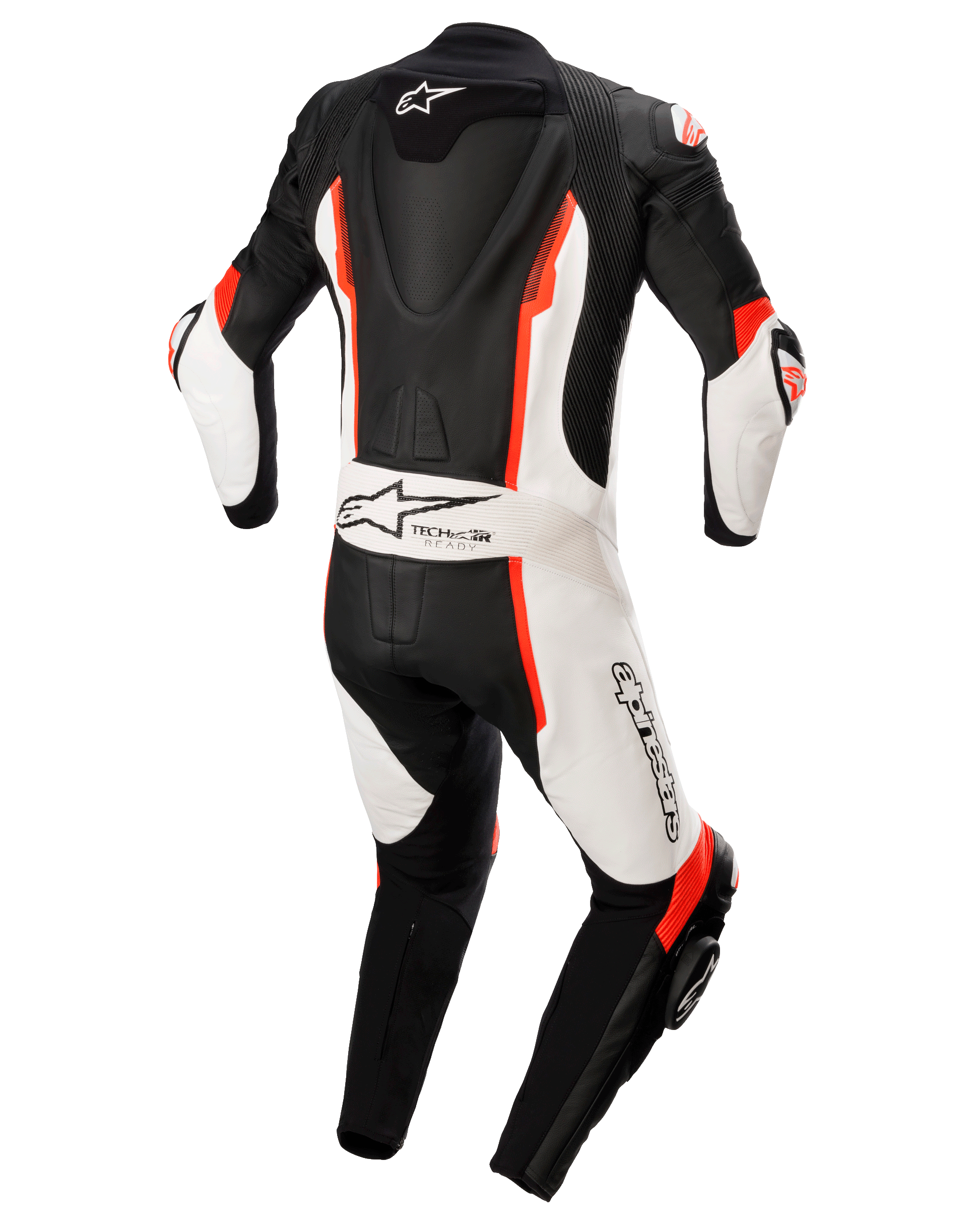 Alpinestars Missile V2 1-Piece Leather Suit, tuta in pelle intera, nero, bianco e rosso fluo, vista posteriore con gobba aerodinamica, marchio Tech-Air Ready e logo Alpinestars, tuta da corsa in pelle di alta qualità