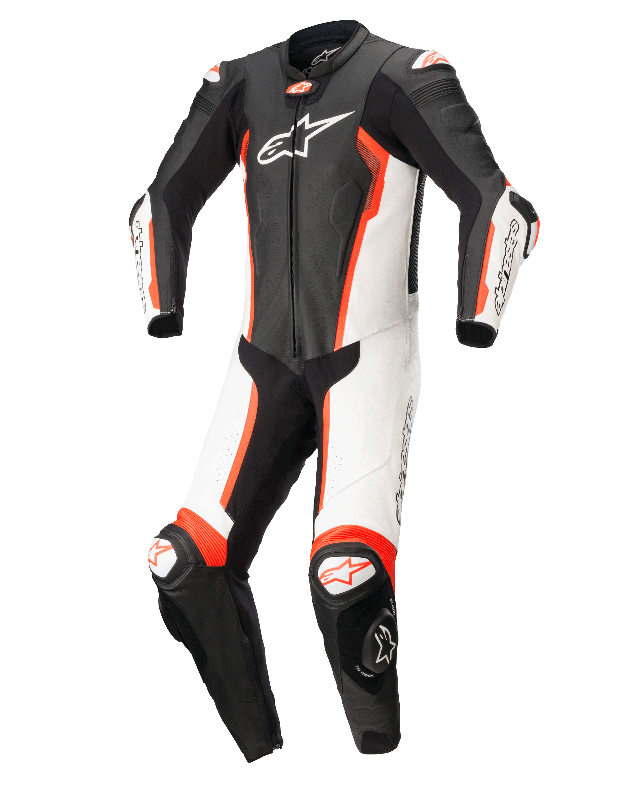 Alpinestars Missile V2 Monoblocco, tuta da corsa in pelle, nero, bianco e rosso fluo, con design ergonomico pre-curvato, pannelli bianchi e neri, accenti rosso fluo, logo Alpinestars sul petto e slider sulle ginocchia, progettata per corse ad alte prestazioni.