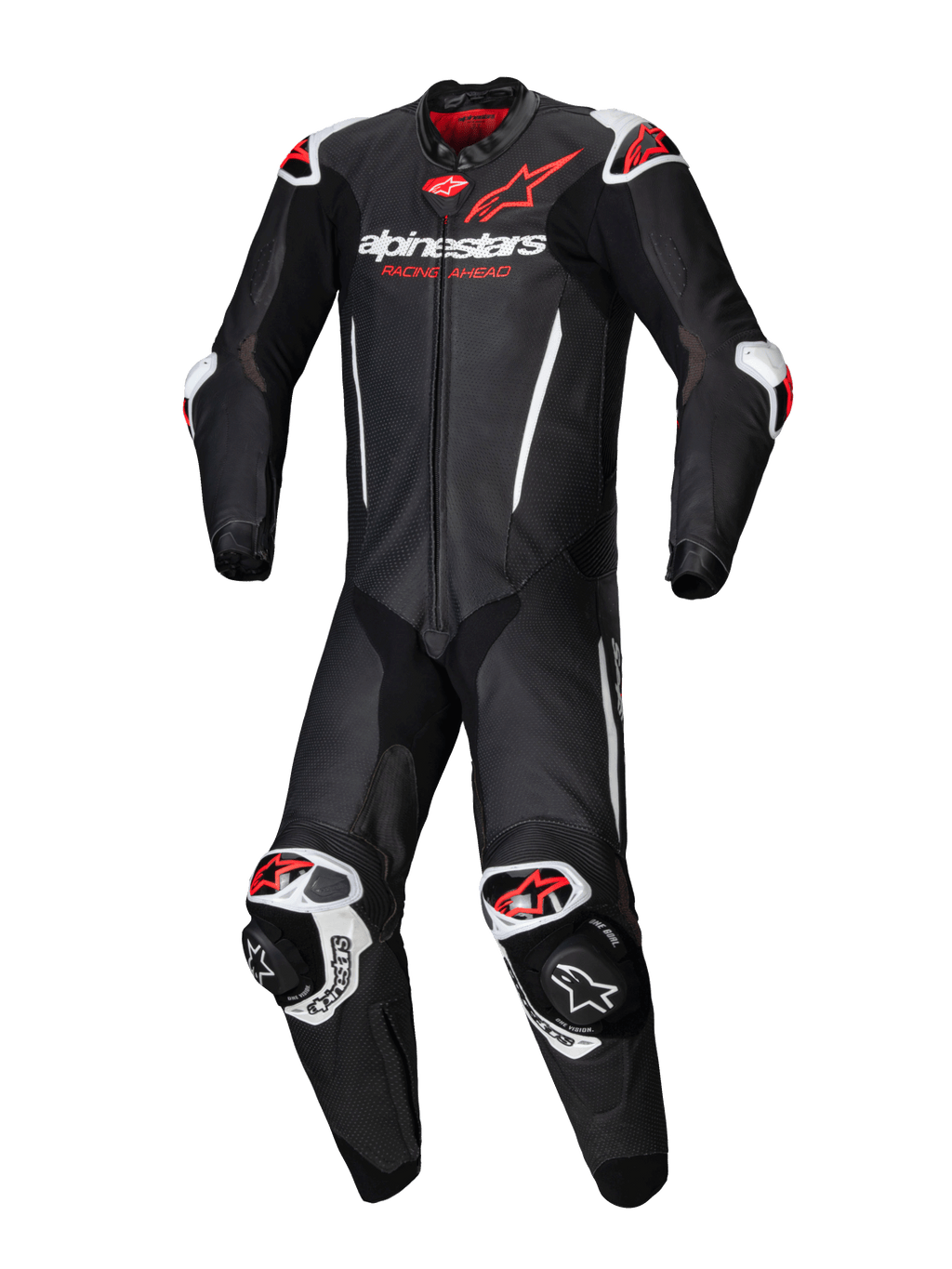 Alpinestars Tuta in pelle GP-R7 1 pezzo, tuta moto racing da uomo, nero e rosso fluo, pelle bovina, compatibile Tech-Air.