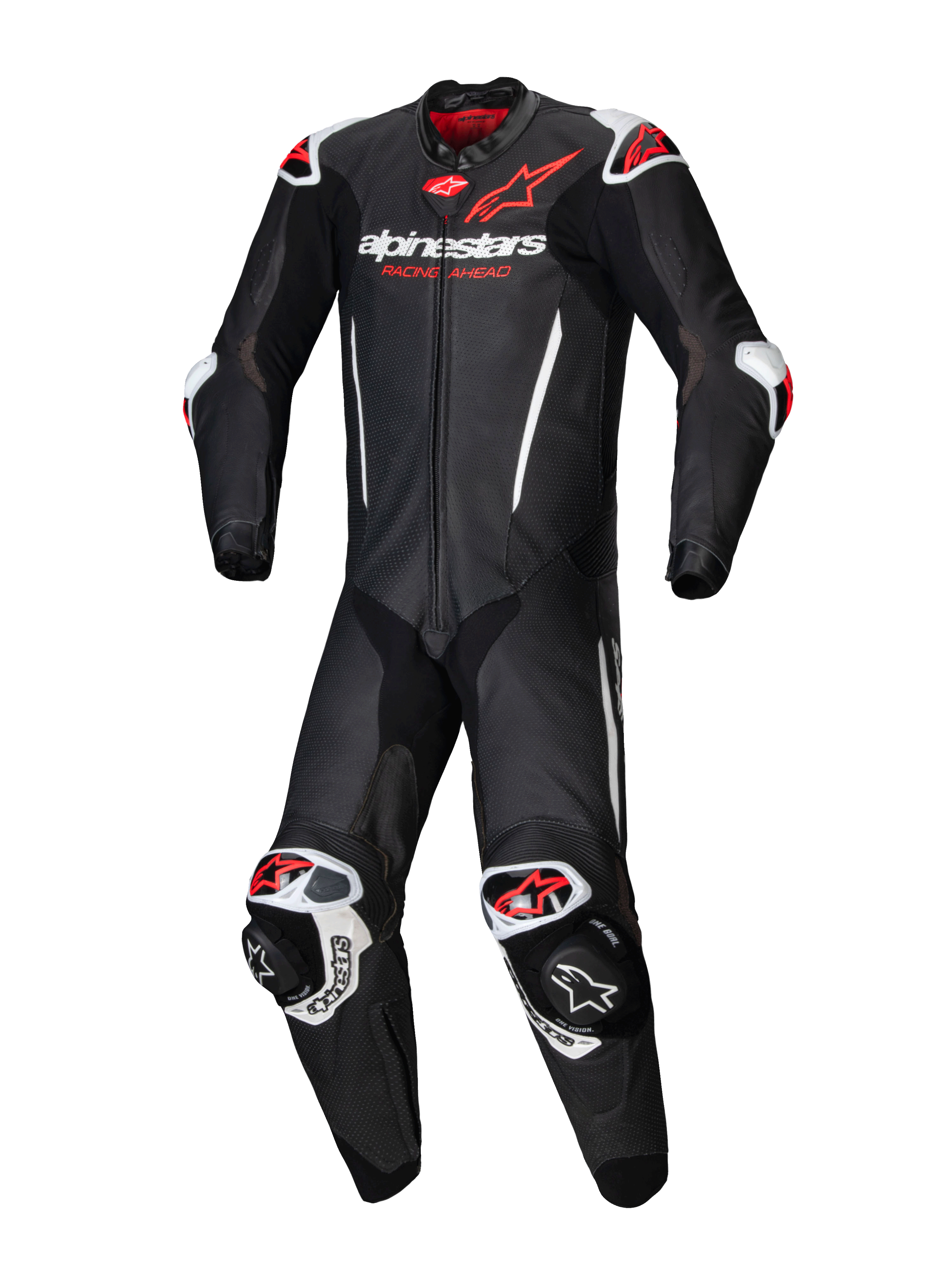 Alpinestars Tuta in pelle GP-R7 1 pezzo, tuta moto racing da uomo, nero e rosso fluo, pelle bovina, compatibile Tech-Air.