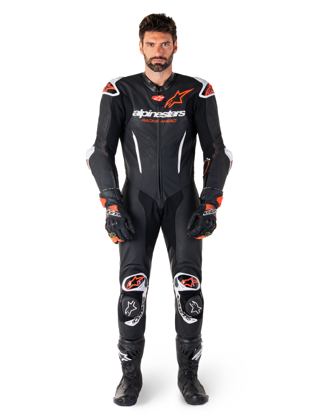 Alpinestars Tuta in pelle GP-R7 1 Pezzo, abbigliamento professionale da corsa da uomo, nero e rosso fluo, in pelle.
