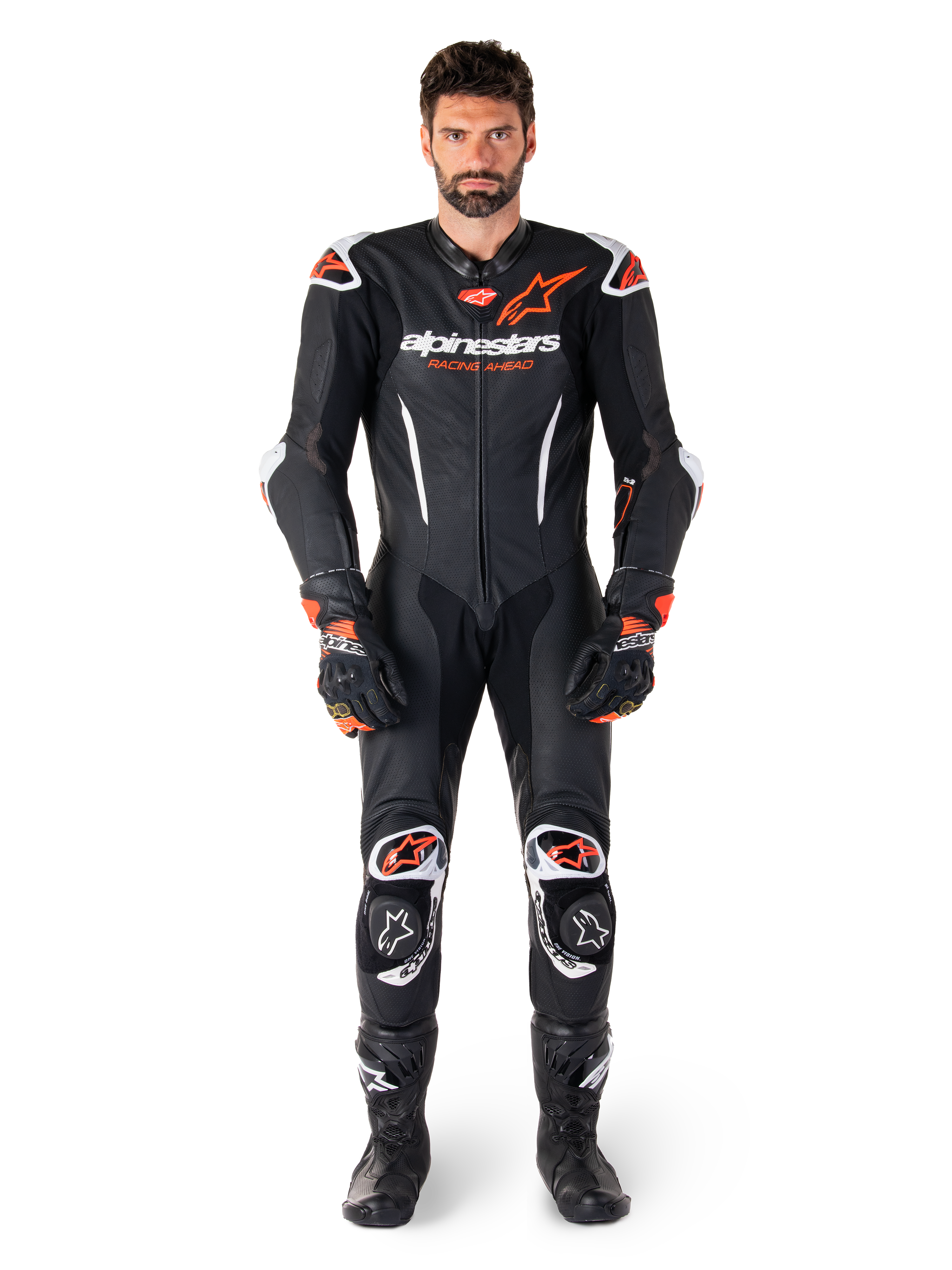 Alpinestars Tuta in pelle GP-R7 1 Pezzo, abbigliamento professionale da corsa da uomo, nero e rosso fluo, in pelle.