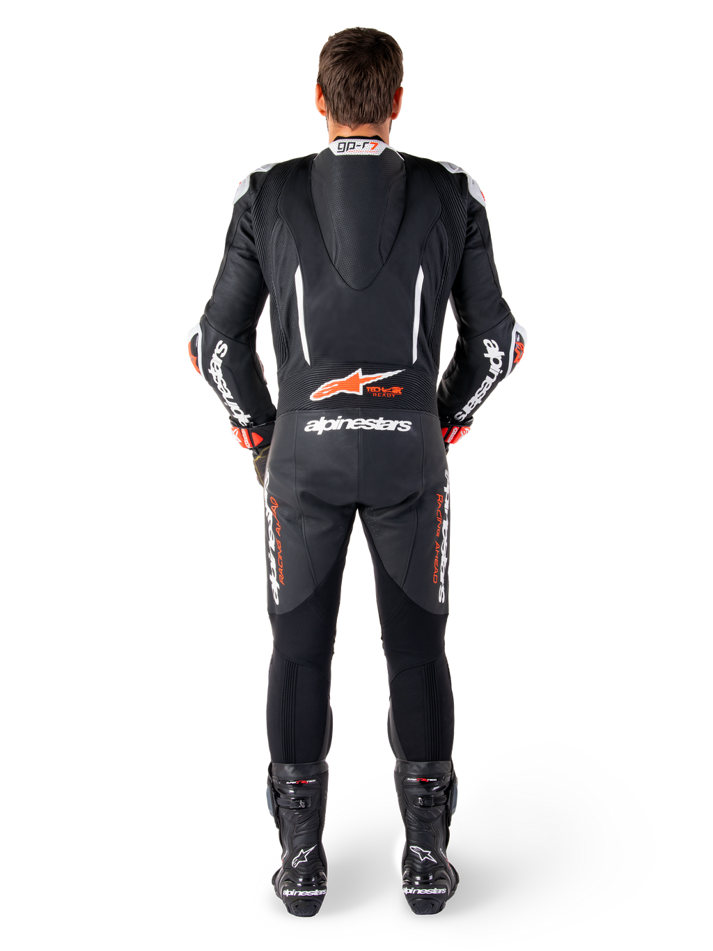 Alpinestars tuta in pelle GP-R7, nero e bianco con rosso fluo, gobba aerodinamica e inserti a soffietto per racing.