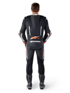 Alpinestars tuta in pelle GP-R7, nero e bianco con rosso fluo, gobba aerodinamica e inserti a soffietto per racing.