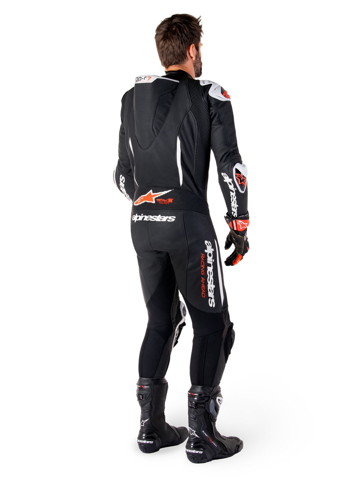 Alpinestars tuta in pelle GP-R7 1 pezzo, tuta da corsa uomo, nero e rosso fluo, con gobba aerodinamica e logo Tech-Air Ready