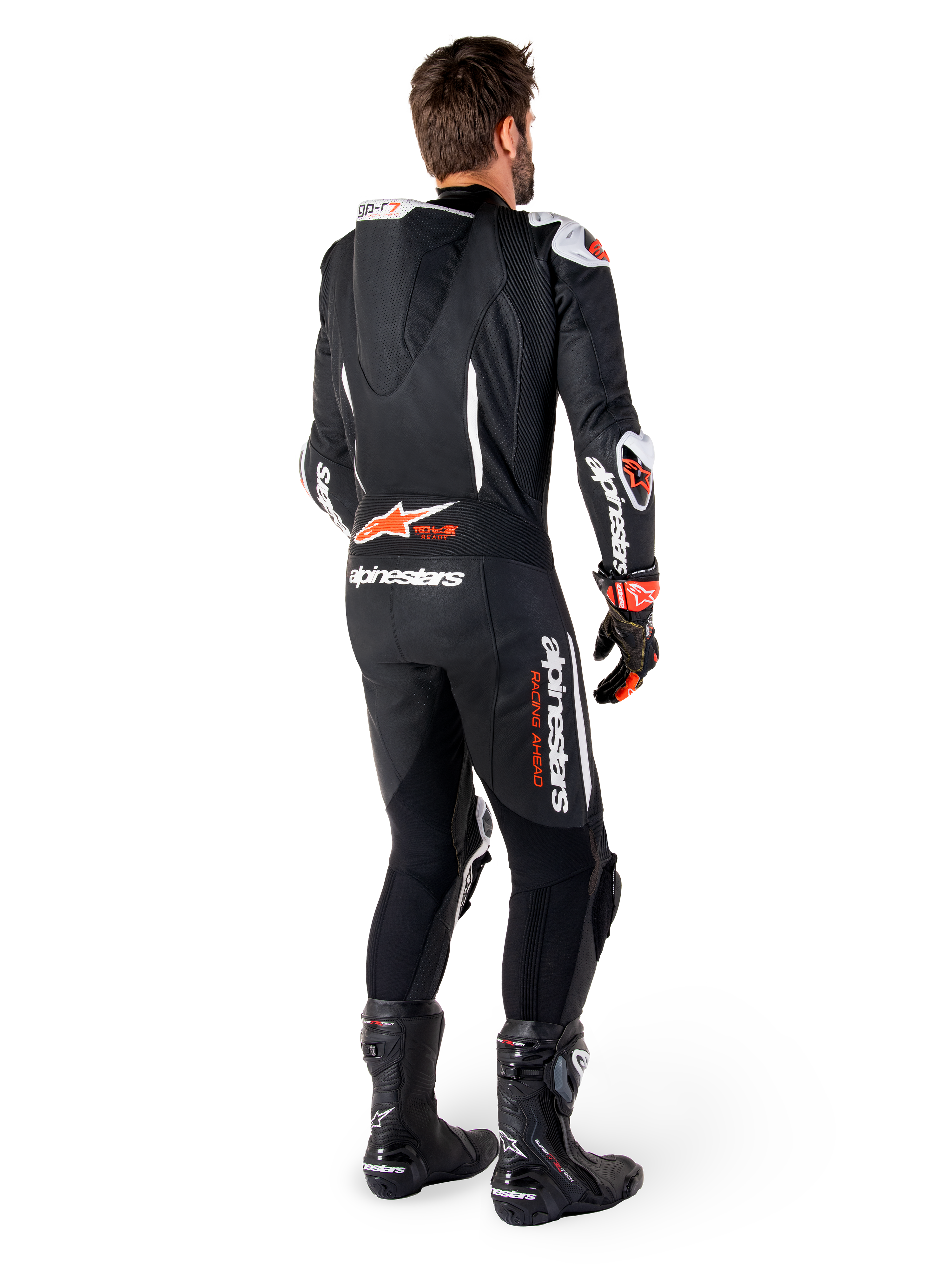 Alpinestars tuta in pelle GP-R7 1 pezzo, tuta da corsa uomo, nero e rosso fluo, con gobba aerodinamica e logo Tech-Air Ready