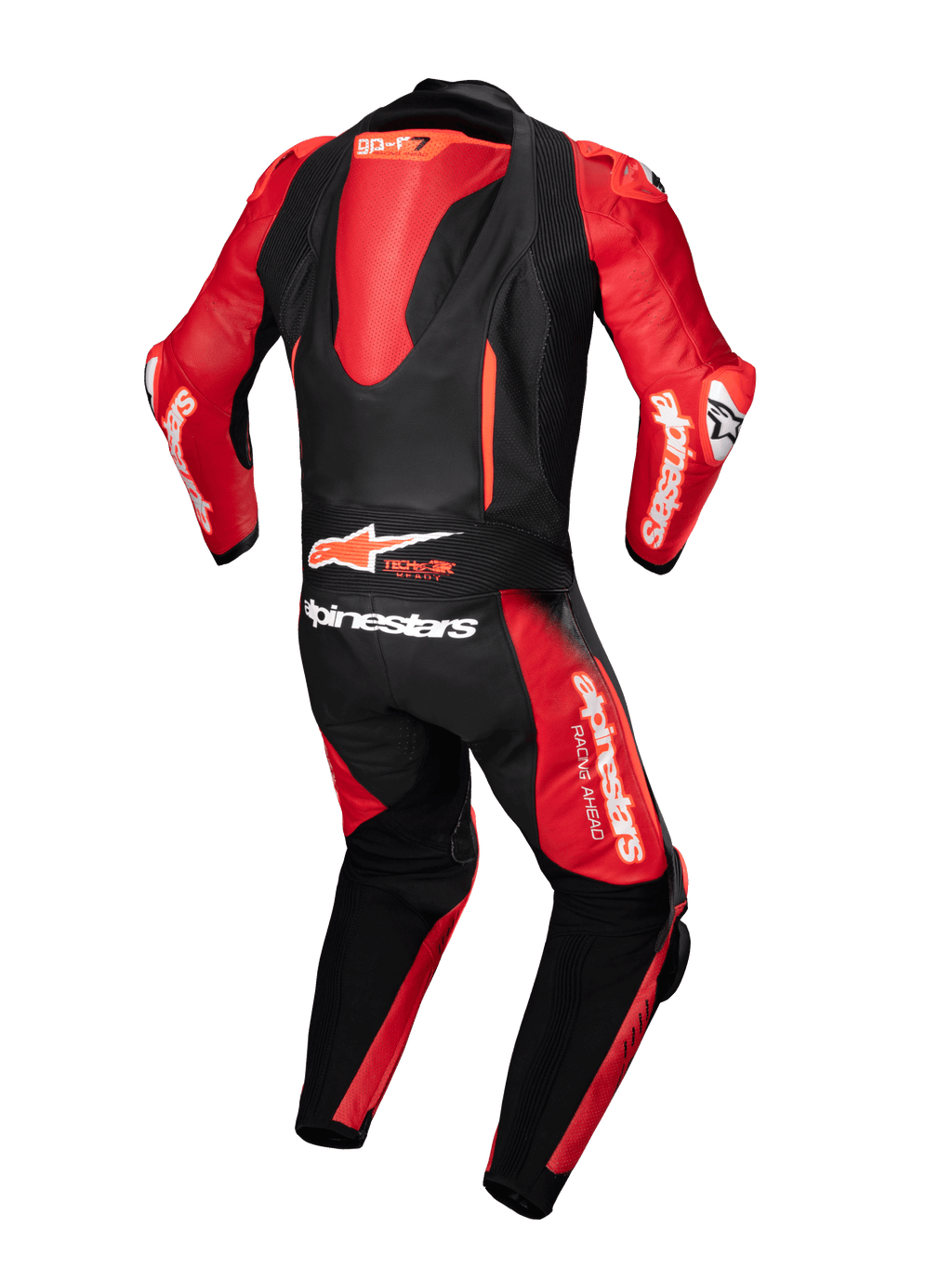 Alpinestars Tuta in pelle GP-R7 1 pezzo, tuta da corsa moto professionale per uomo, nero e rosso, pelle bovina con gobba aerodinamica e logo Tech-Air Ready, certificata CE classe AAA.
