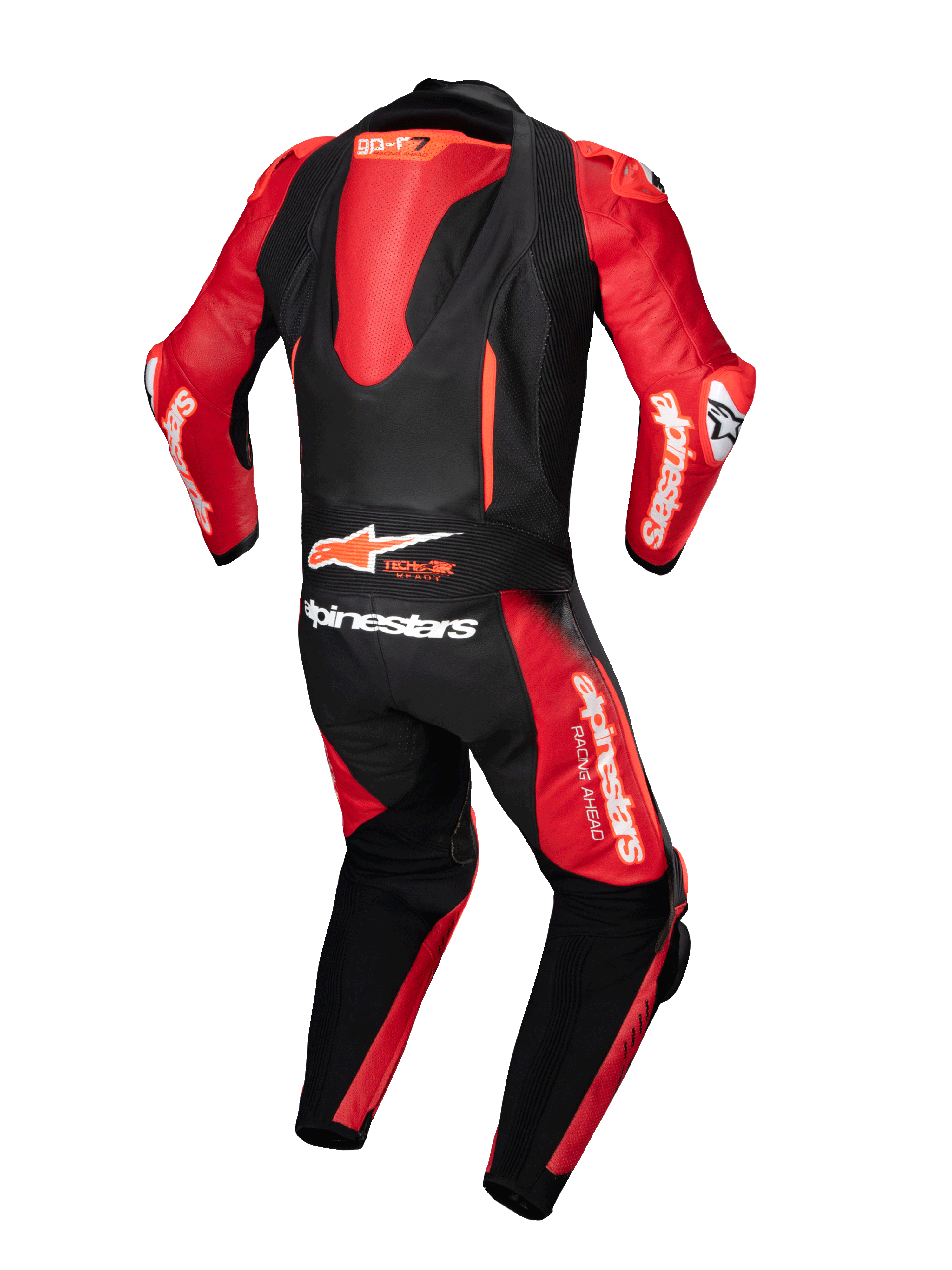 Alpinestars Tuta in pelle GP-R7 1 pezzo, tuta da corsa moto professionale per uomo, nero e rosso, pelle bovina con gobba aerodinamica e logo Tech-Air Ready, certificata CE classe AAA.