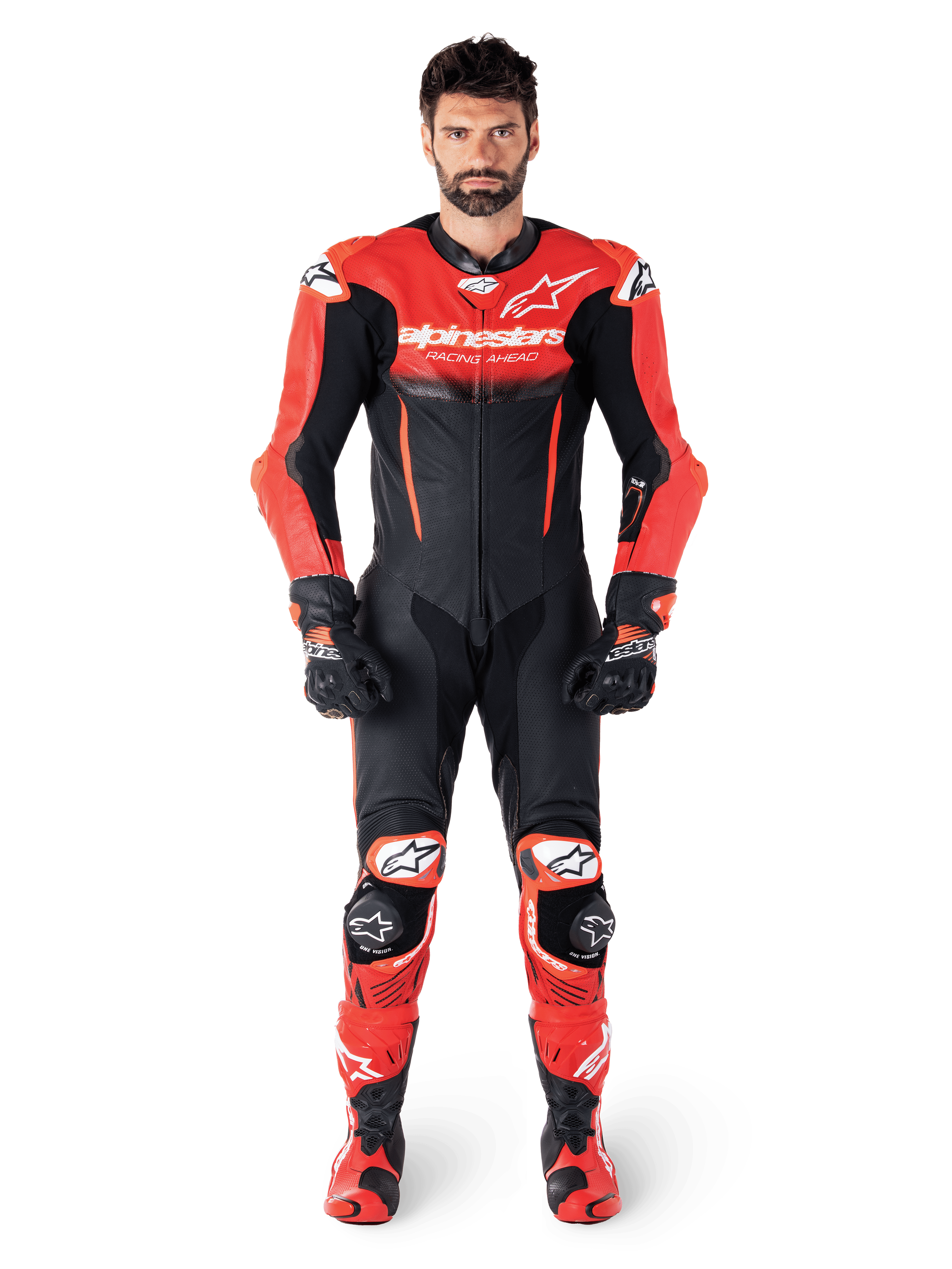 Alpinestars tuta in pelle GP-R7 1 pezzo, tuta da corsa da uomo, nero e rosso, pelle premium, vista frontale su modello.