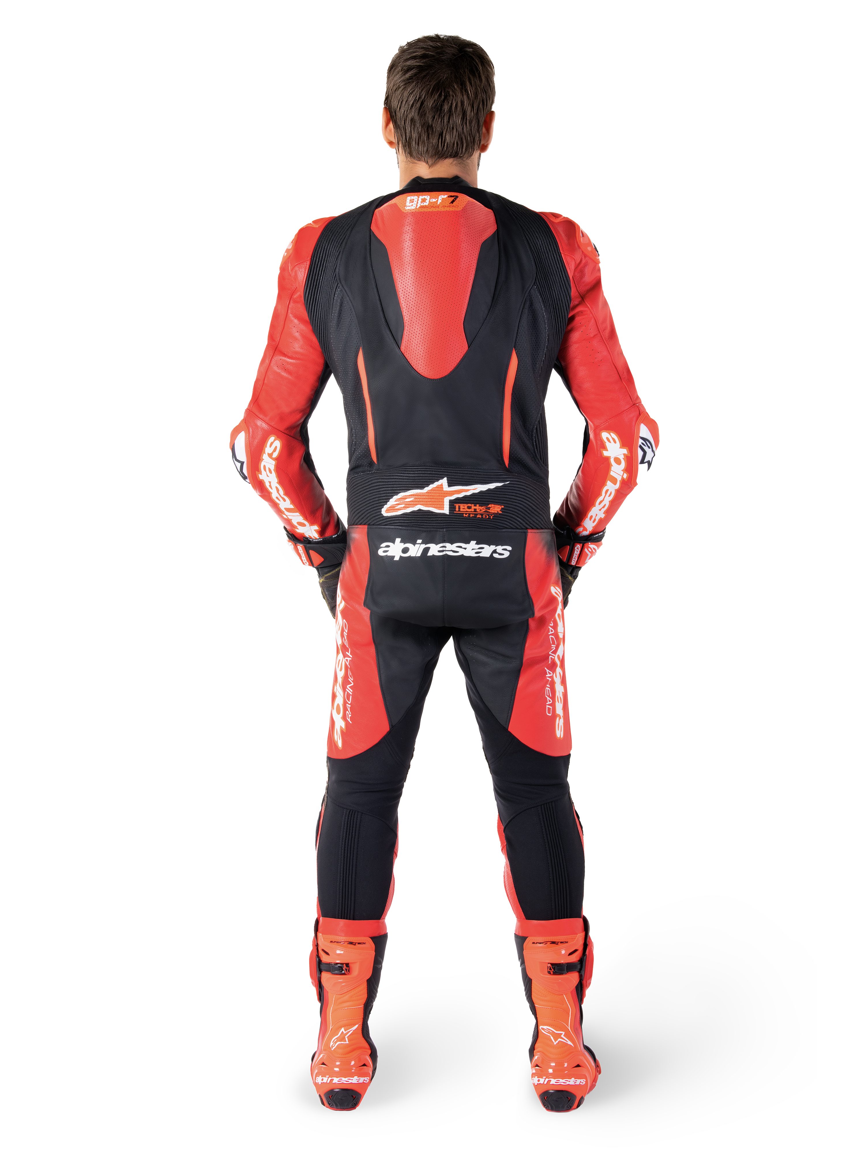 Alpinestars Tuta In Pelle GP-R7 1 Pezzo, tuta da moto racing da uomo, nero e rosso, vista posteriore con gobba aerodinamica, certificata CE AAA.