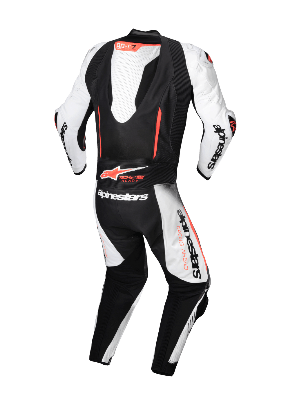 Alpinestars tuta in pelle GP-R7 1 pezzo, tuta da moto racing per uomo, bianca e nera con dettagli rosso fluo, pelle bovina con gobba aerodinamica, predisposta per sistema Tech-Air, certificata CE