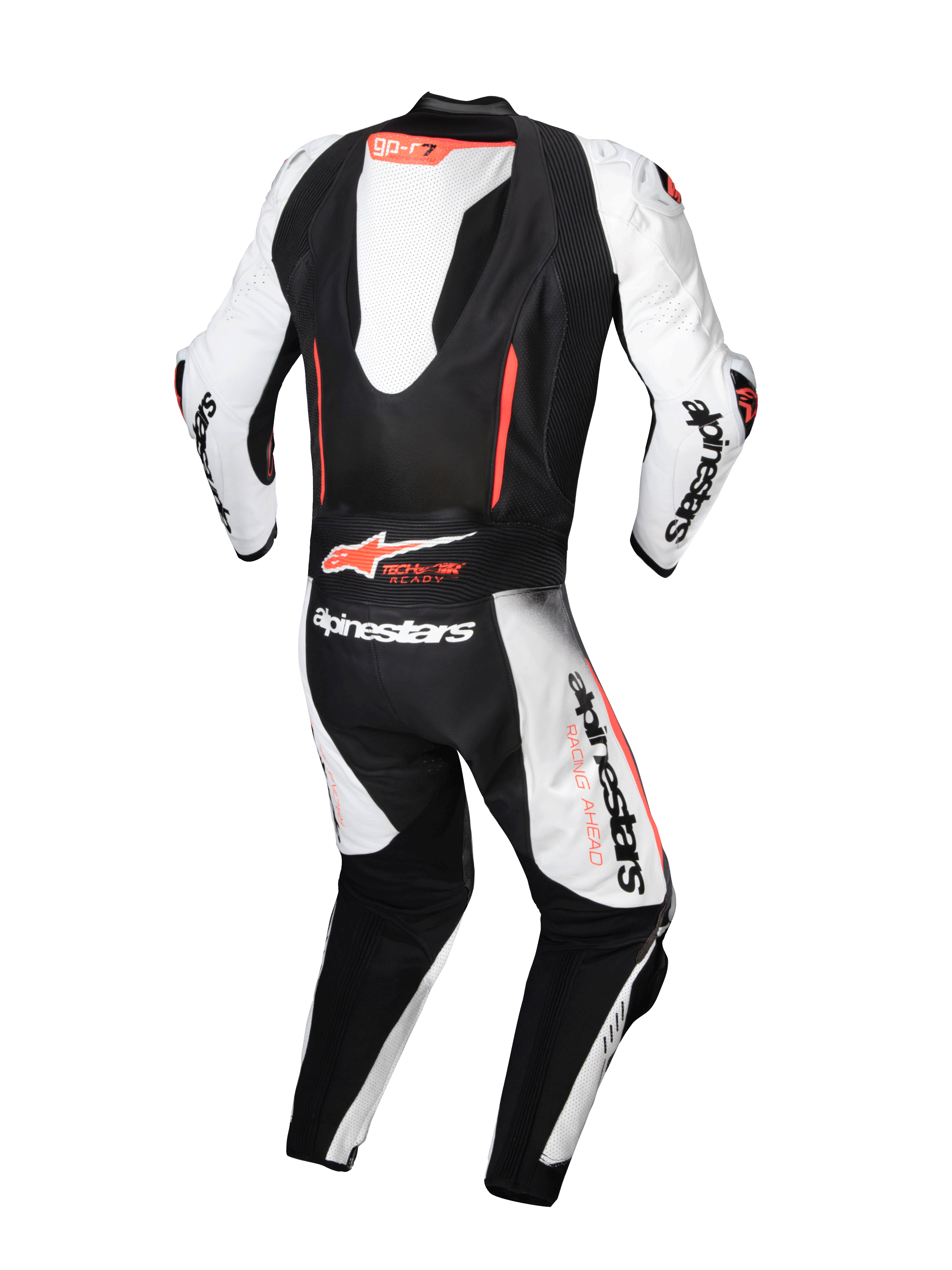 Alpinestars tuta in pelle GP-R7 1 pezzo, tuta da moto racing per uomo, bianca e nera con dettagli rosso fluo, pelle bovina con gobba aerodinamica, predisposta per sistema Tech-Air, certificata CE