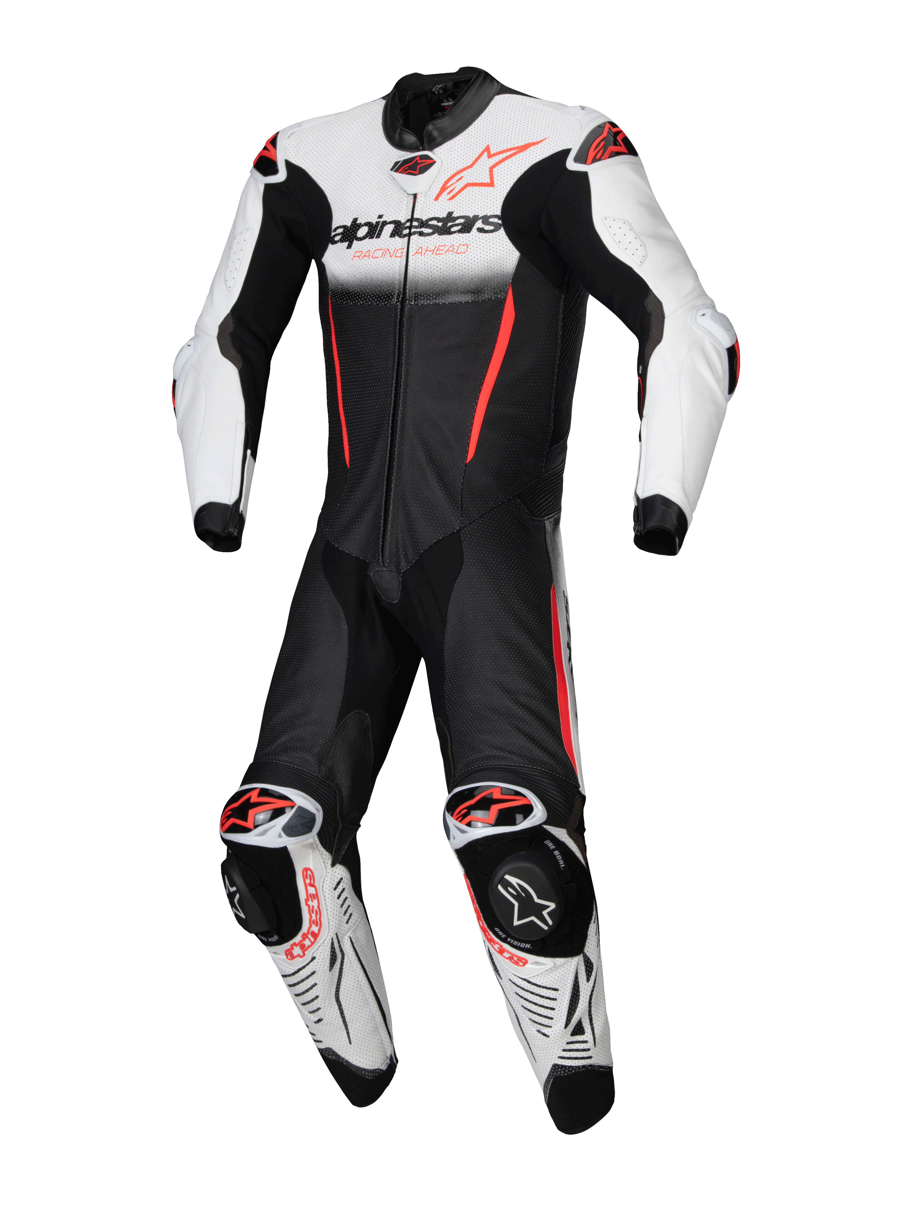 Alpinestars Tuta in pelle GP-R7 1 Pezzo, tuta da moto racing da uomo, bianca, nera e rossa fluo, in pelle traforata, protezioni Nucleon PLASMA Pro, Tech-Air Ready, certificata CE AAA