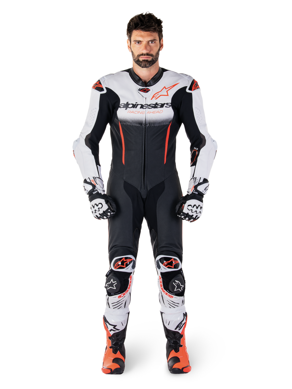 Alpinestars tuta in pelle GP-R7 1 Pezzo, tuta da corsa uomo, bianca, nera e rossa fluo, pelle bovina, certificata AAA.