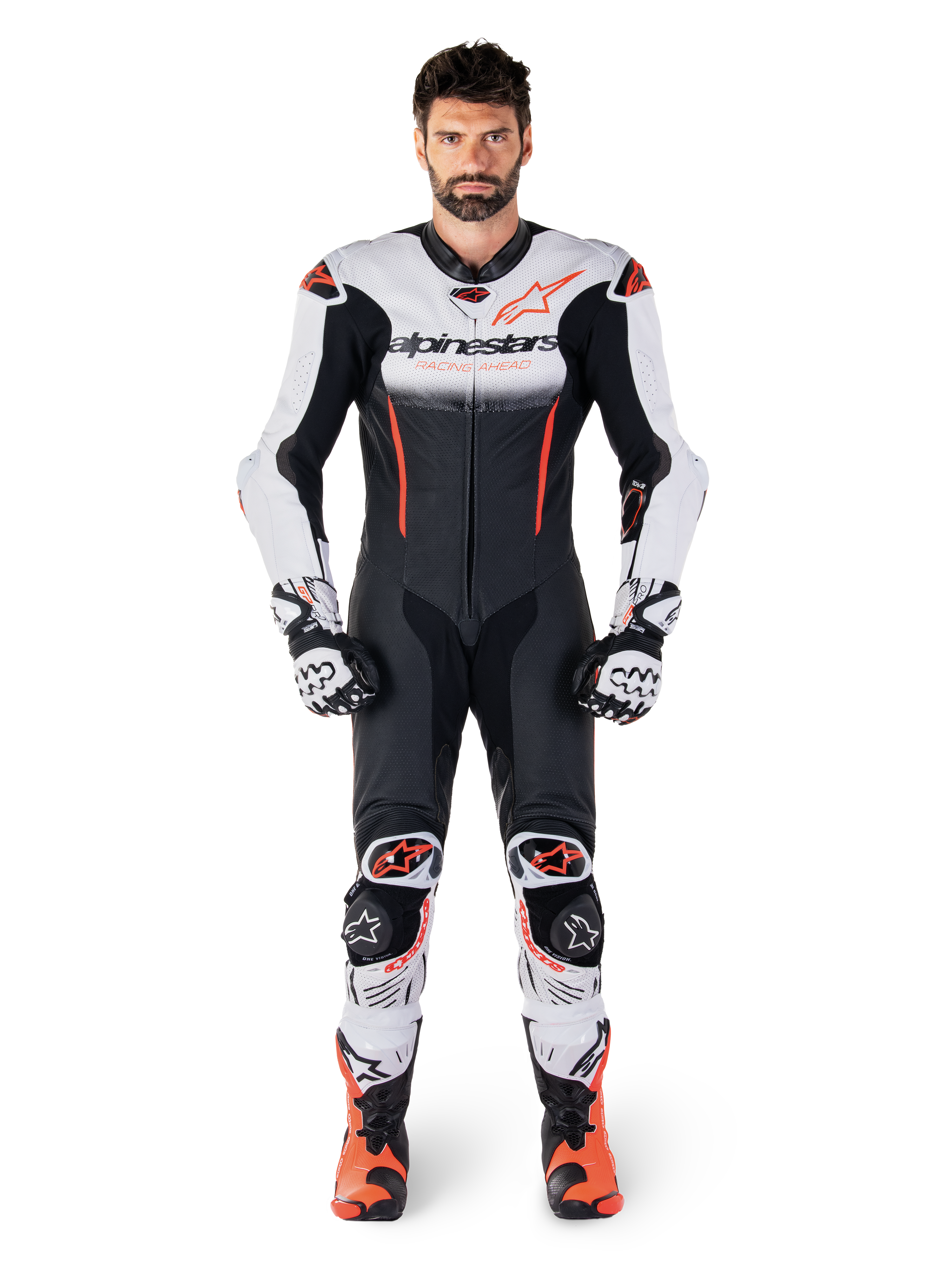 Alpinestars tuta in pelle GP-R7 1 Pezzo, tuta da corsa uomo, bianca, nera e rossa fluo, pelle bovina, certificata AAA.