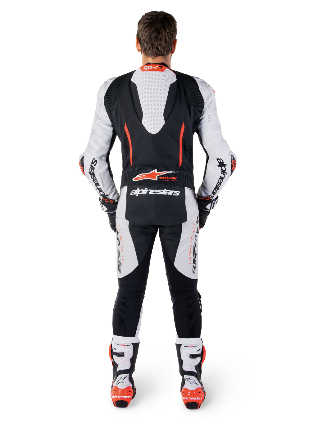 Alpinestars Tuta In Pelle GP-R7 1 Pezzo, tuta da corsa moto uomo, bianco e nero, gobba aerodinamica e pelle bovina