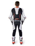 Alpinestars Tuta In Pelle GP-R7 1 Pezzo, tuta da corsa moto uomo, bianco e nero, gobba aerodinamica e pelle bovina