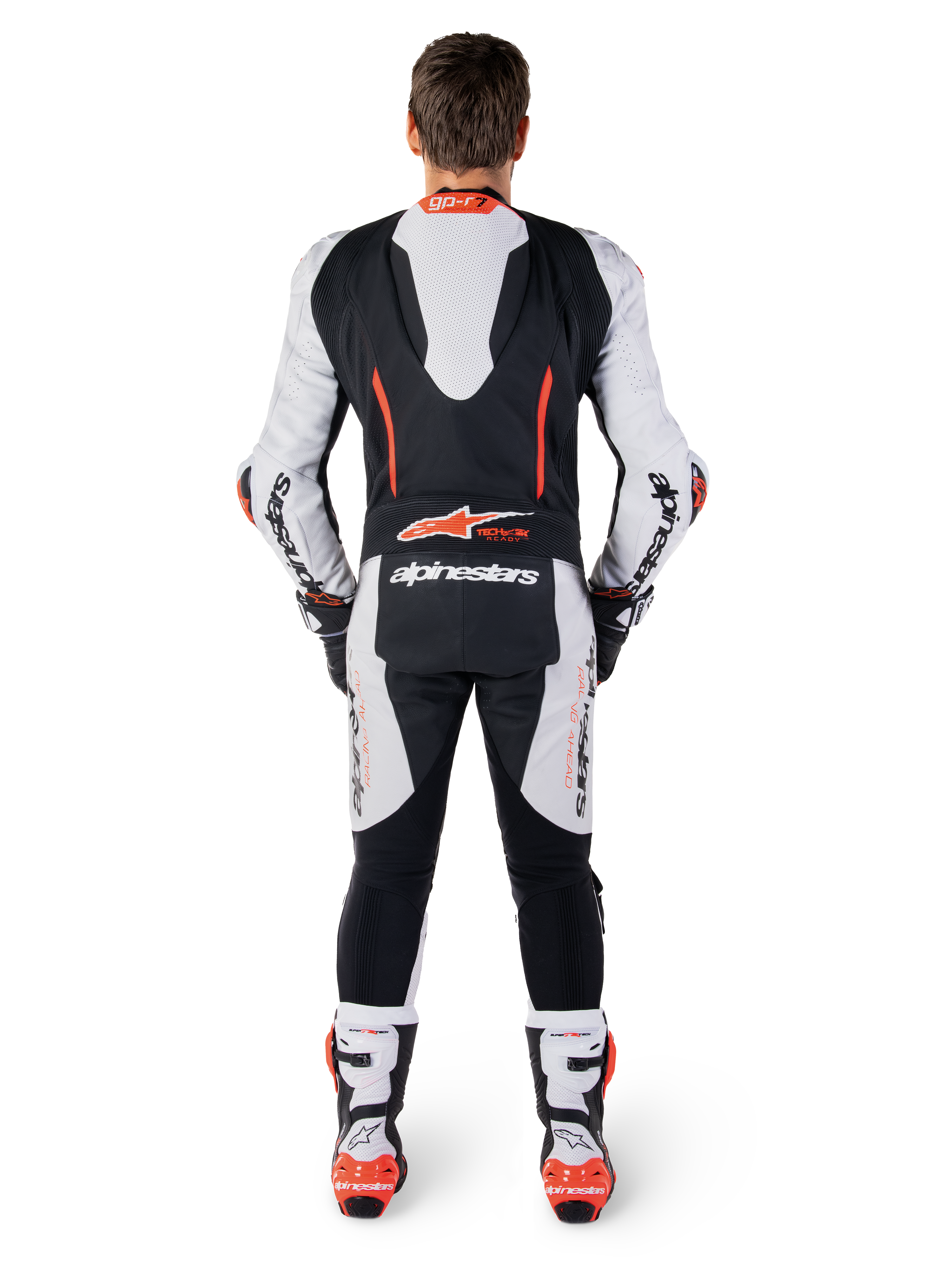 Alpinestars Tuta In Pelle GP-R7 1 Pezzo, tuta da corsa moto uomo, bianco e nero, gobba aerodinamica e pelle bovina
