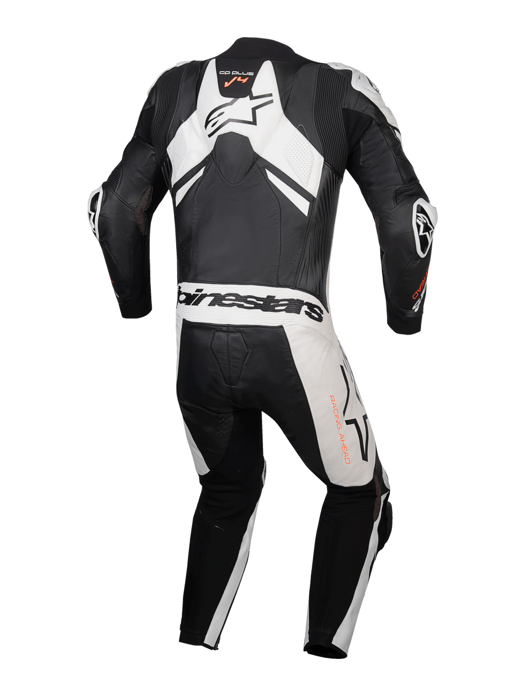 Alpinestars Tuta in pelle GP Plus V4 Sprint 1 Pezzo, tuta da moto racing da uomo, vista posteriore, nero e bianco, con gobba aerodinamica Supertech R10 e pelle Flex Plus perforata, certificata CE AAA