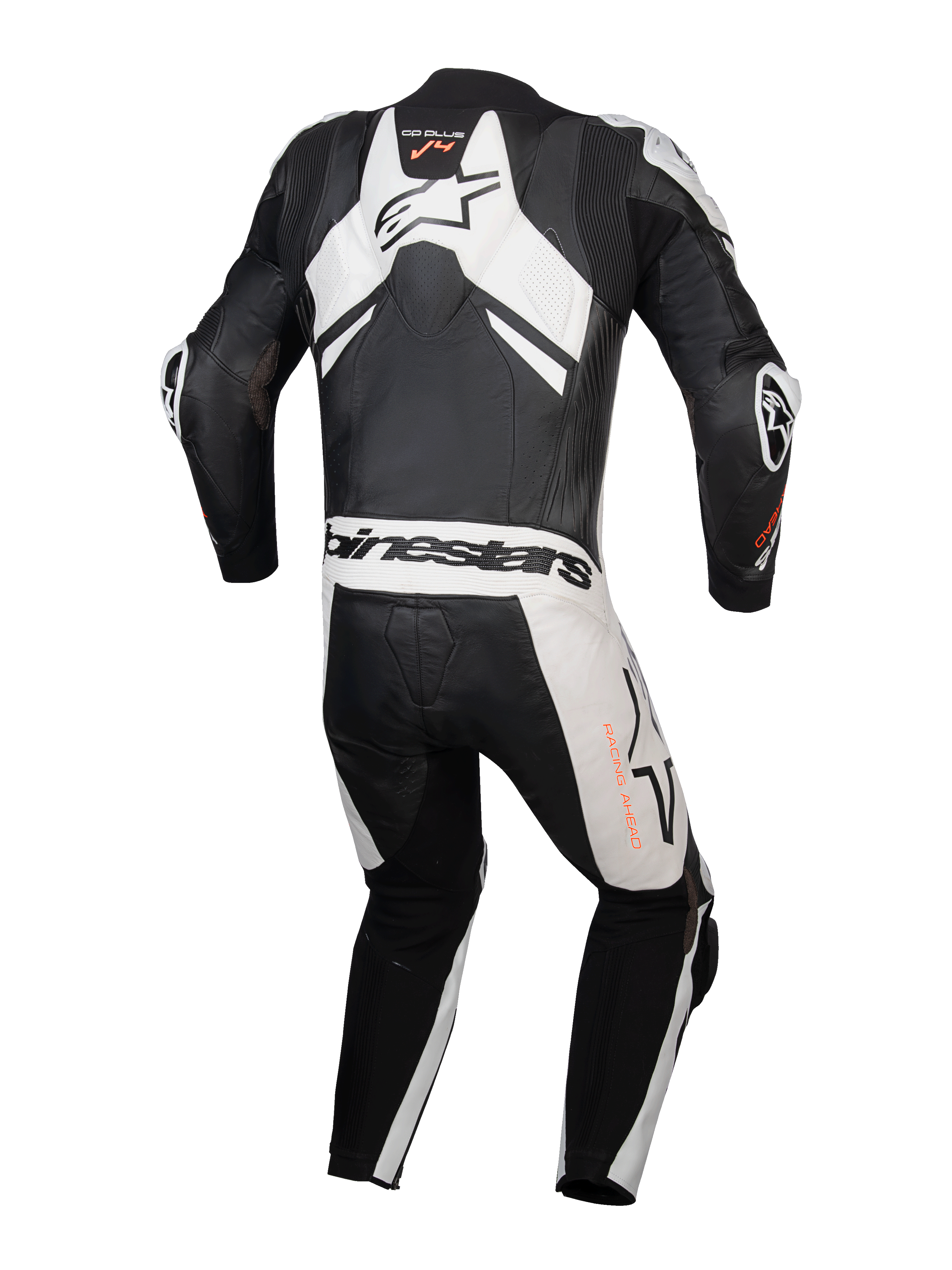 Alpinestars Tuta in pelle GP Plus V4 Sprint 1 Pezzo, tuta da moto racing da uomo, vista posteriore, nero e bianco, con gobba aerodinamica Supertech R10 e pelle Flex Plus perforata, certificata CE AAA