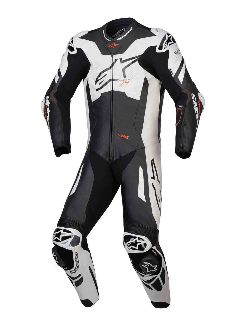 Alpinestars Tuta in pelle GP Plus V4 Sprint 1 pezzo, tuta da moto racing da uomo, nero, bianco e rosso fluo, in pelle Flex Plus perforata, pronta per Tech-Air, certificata CE AAA