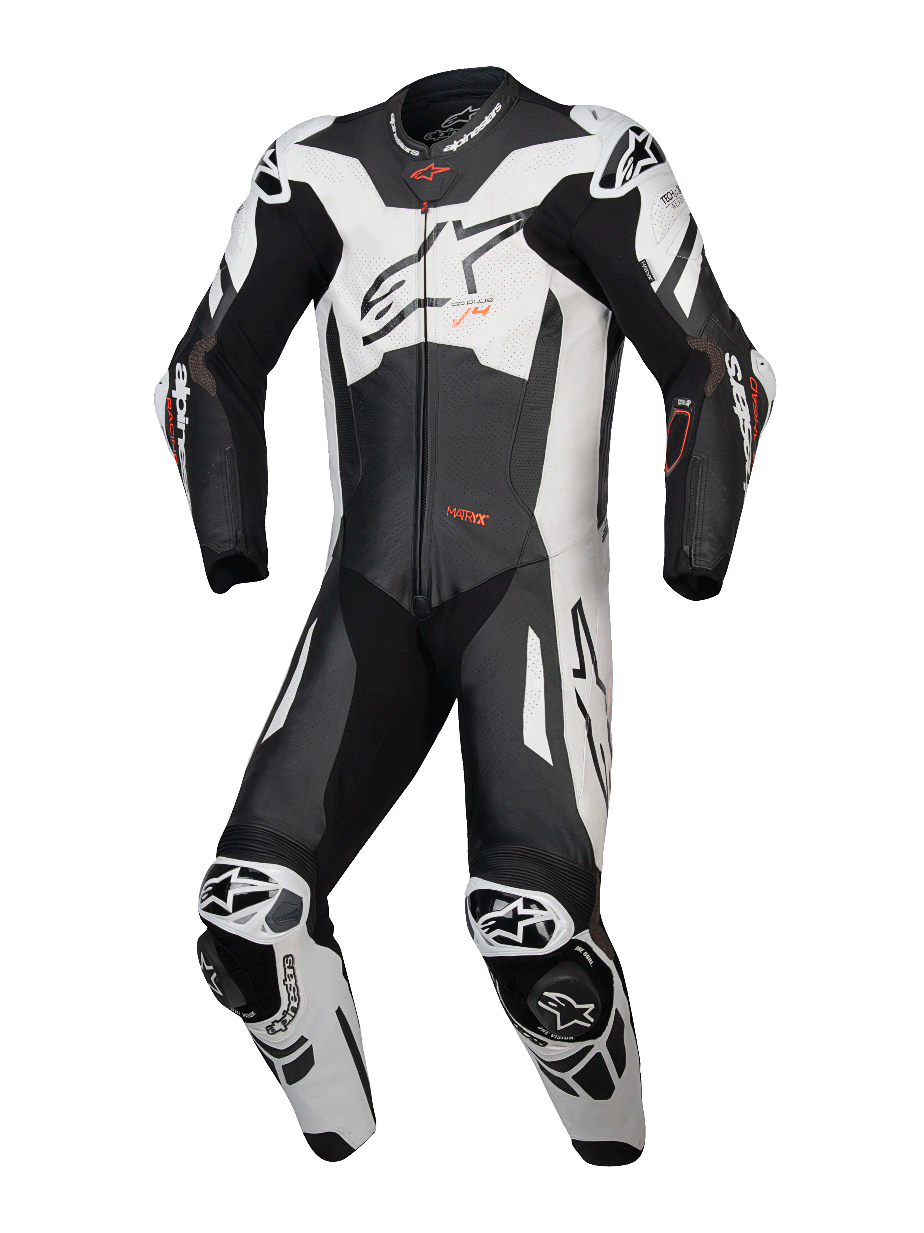 Alpinestars Tuta in pelle GP Plus V4 Sprint 1 pezzo, tuta da moto racing da uomo, nero, bianco e rosso fluo, in pelle Flex Plus perforata, pronta per Tech-Air, certificata CE AAA