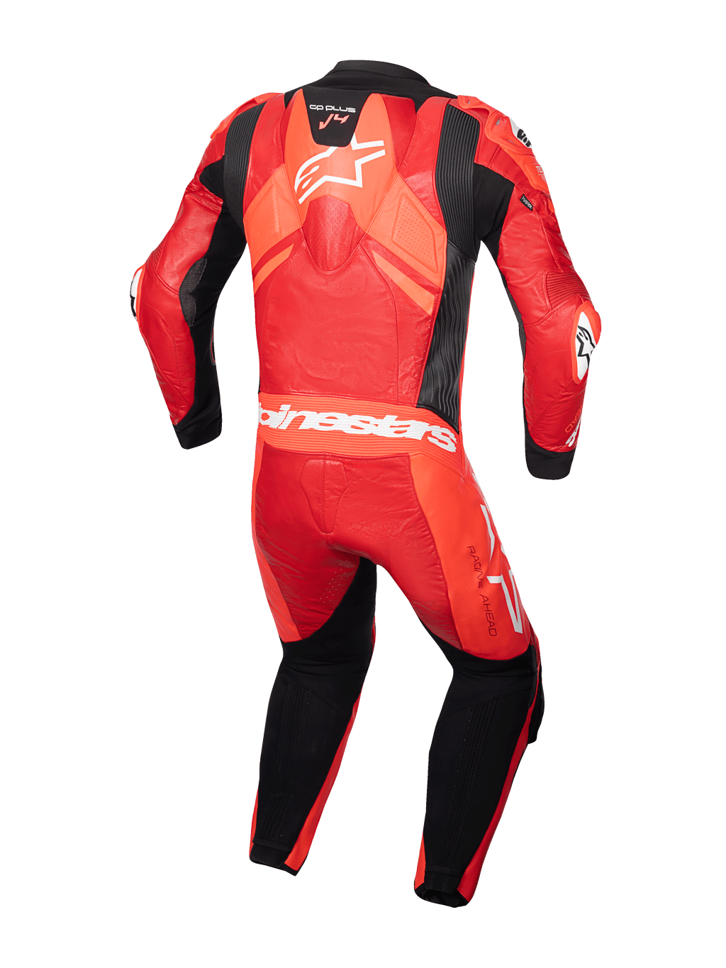 Alpinestars tuta in pelle GP Plus V4 Sprint 1 Pezzo da uomo, rosso fluo e nero, vista posteriore con gobba aerodinamica.