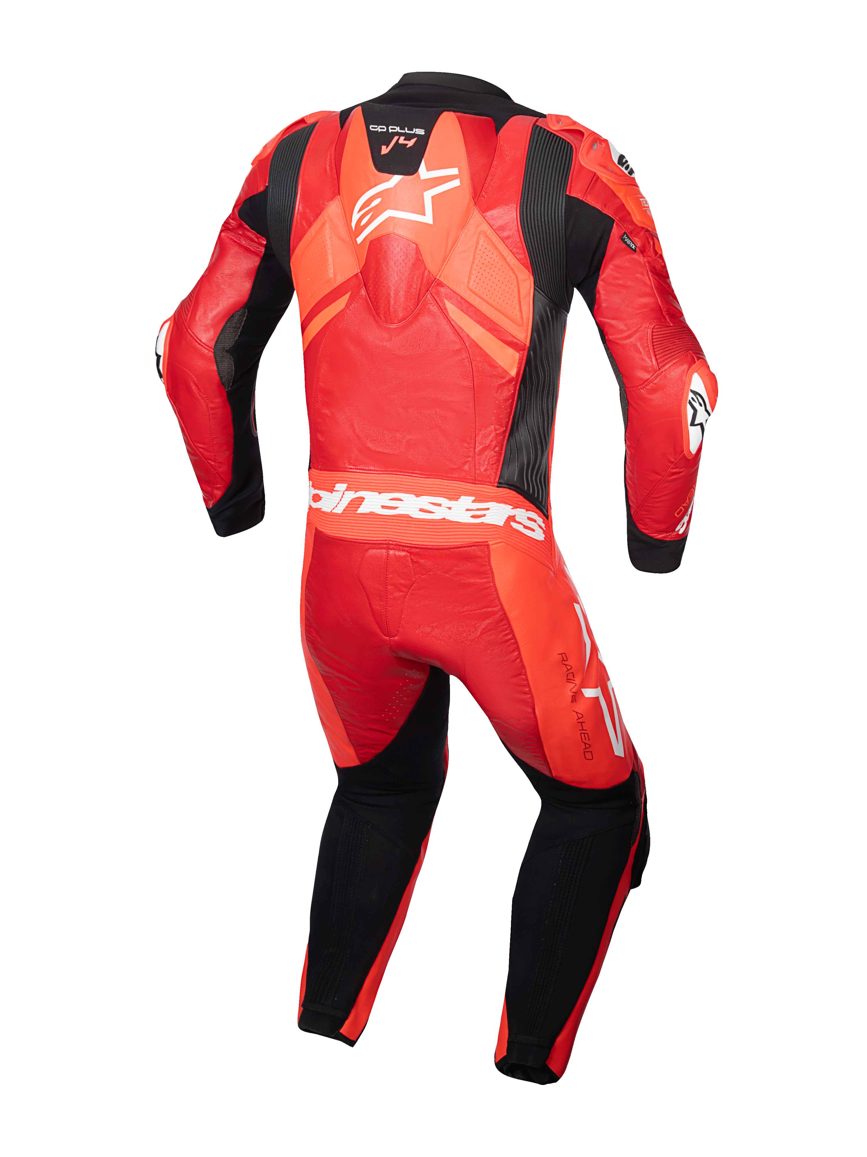 Alpinestars tuta in pelle GP Plus V4 Sprint 1 Pezzo da uomo, rosso fluo e nero, vista posteriore con gobba aerodinamica.