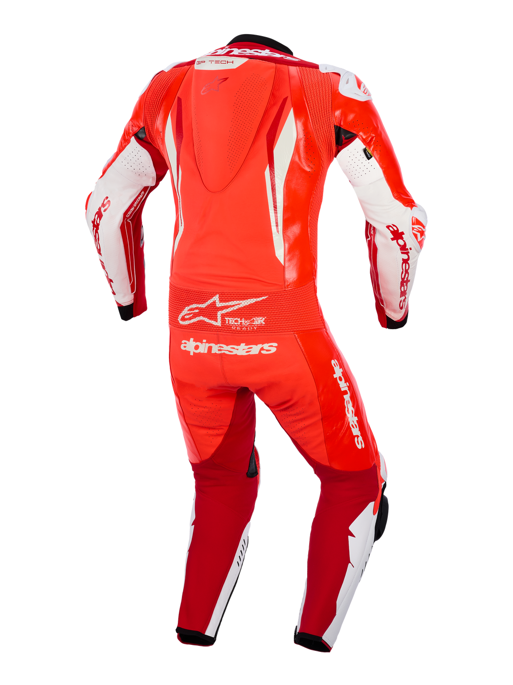 Alpinestars GP Tech V5 One Piece Leather Suit, rosso fluo, rosso acceso e bianco, vista posteriore con gobba aerodinamica, pannello a fisarmonica flessibile in vita e marchio Alpinestars bianco in evidenza, abbigliamento racing professionale per uso in pista.