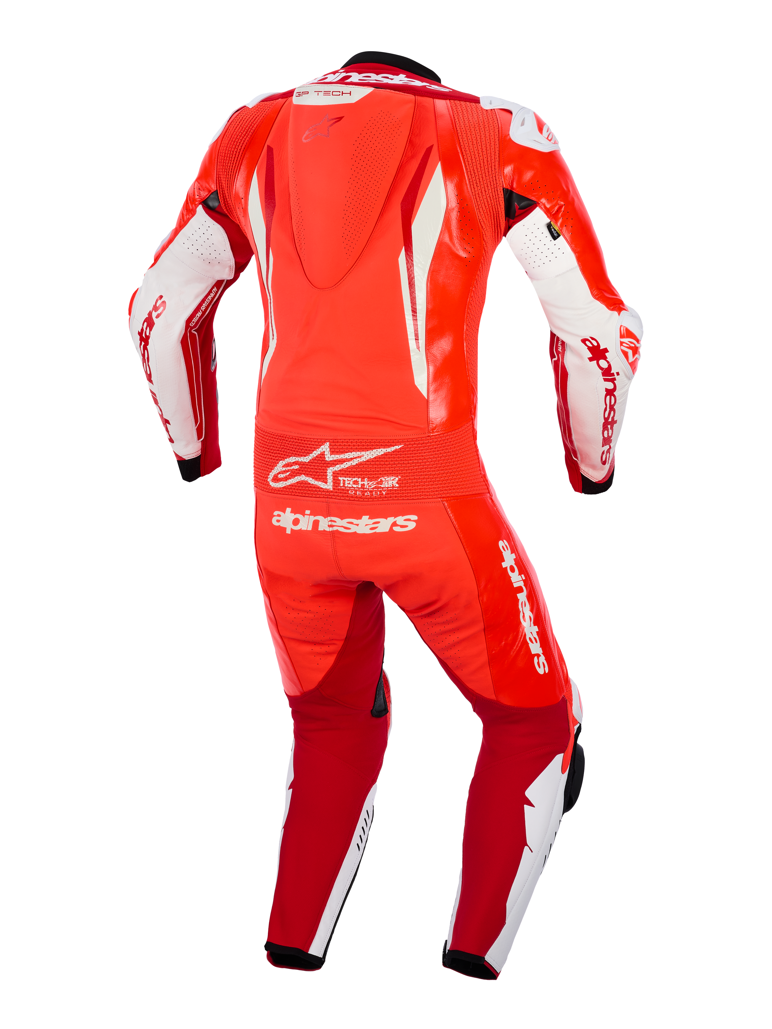 Alpinestars GP Tech V5 One Piece Leather Suit, rosso fluo, rosso acceso e bianco, vista posteriore con gobba aerodinamica, pannello a fisarmonica flessibile in vita e marchio Alpinestars bianco in evidenza, abbigliamento racing professionale per uso in pista.