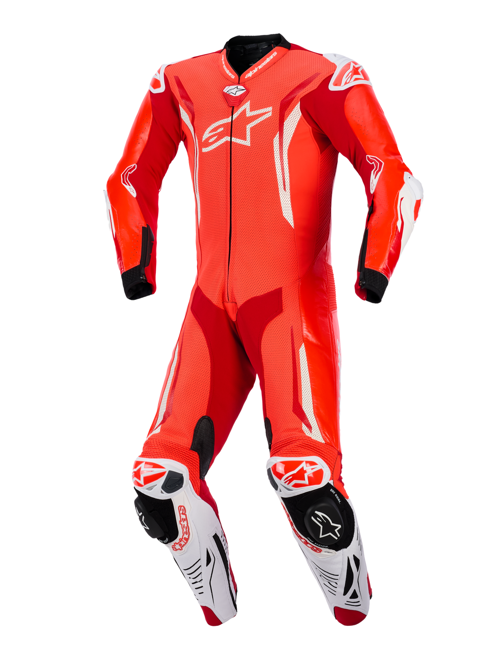 Tuta in pelle intera Alpinestars GP Tech V5, Rosso Fluo, Rosso Brillante e Bianco, vista frontale, tuta professionale da corsa motociclistica con pelle traforata, accenti aerodinamici bianchi e saponette integrate