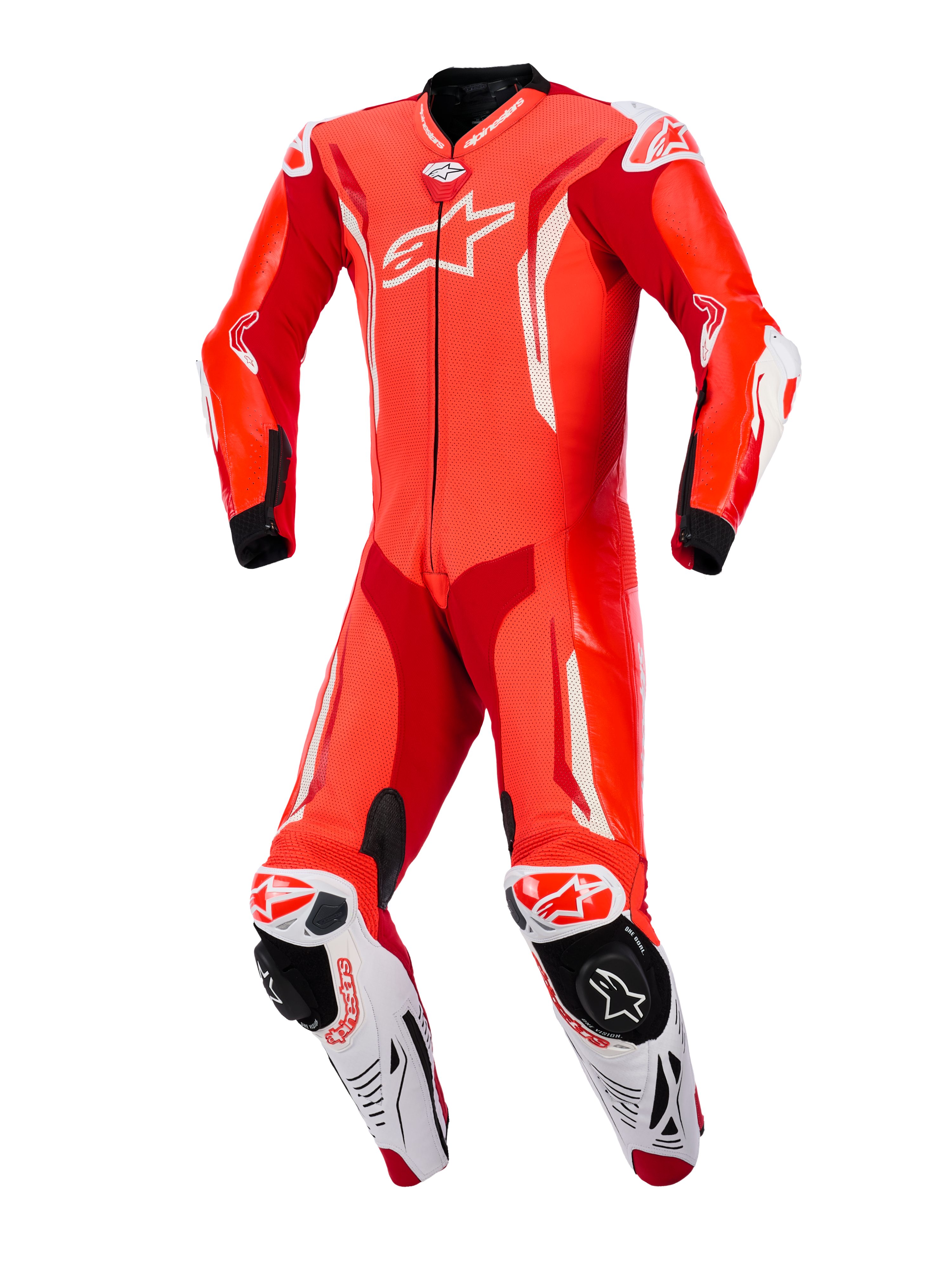 Tuta in pelle intera Alpinestars GP Tech V5, Rosso Fluo, Rosso Brillante e Bianco, vista frontale, tuta professionale da corsa motociclistica con pelle traforata, accenti aerodinamici bianchi e saponette integrate