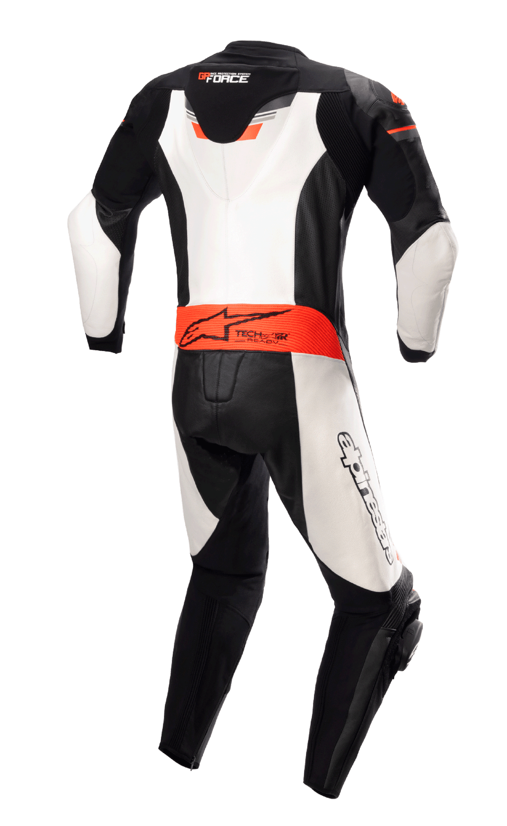 Tuta in pelle monopezzo Alpinestars GP Force Chaser, vista posteriore, nero, bianco e rosso fluo, con gobba posteriore aerodinamica, logo Tech-Air Ready in vita e pannelli in pelle bianca, tuta da corsa professionale in pelle bovina