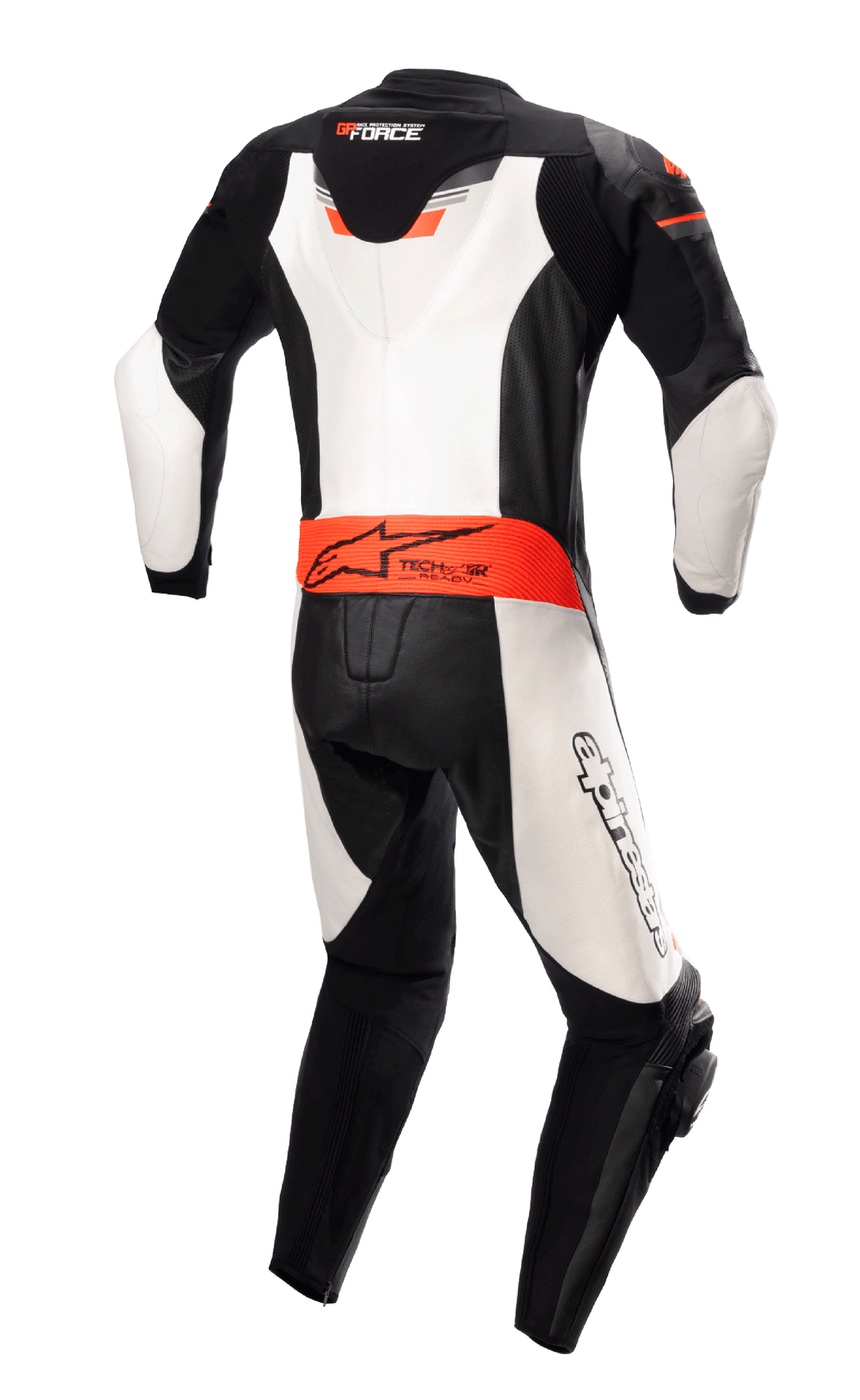 Tuta in pelle monopezzo Alpinestars GP Force Chaser, vista posteriore, nero, bianco e rosso fluo, con gobba posteriore aerodinamica, logo Tech-Air Ready in vita e pannelli in pelle bianca, tuta da corsa professionale in pelle bovina
