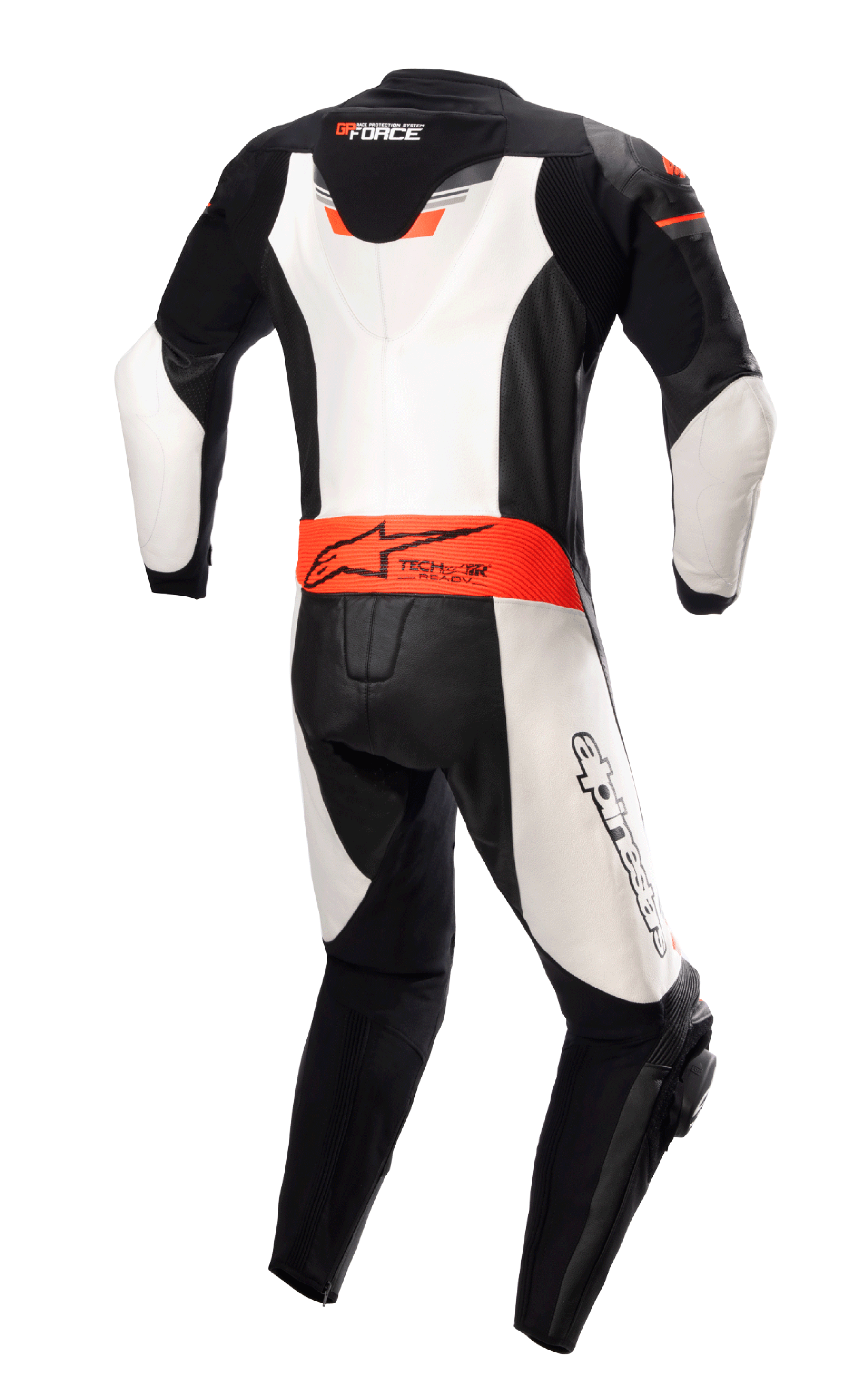 Tuta in pelle monopezzo Alpinestars GP Force Chaser, vista posteriore, nero, bianco e rosso fluo, con gobba posteriore aerodinamica, logo Tech-Air Ready in vita e pannelli in pelle bianca, tuta da corsa professionale in pelle bovina
