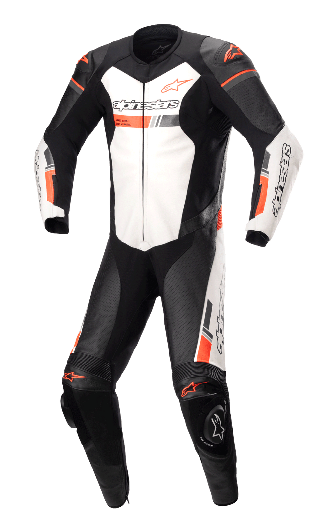 Alpinestars GP Force Chaser, tuta intera in pelle professionale da moto, nero e bianco con accenti rosso fluorescente, pannelli in pelle traforata, protezioni esterne per spalle e ginocchia, costruzione in pelle bovina