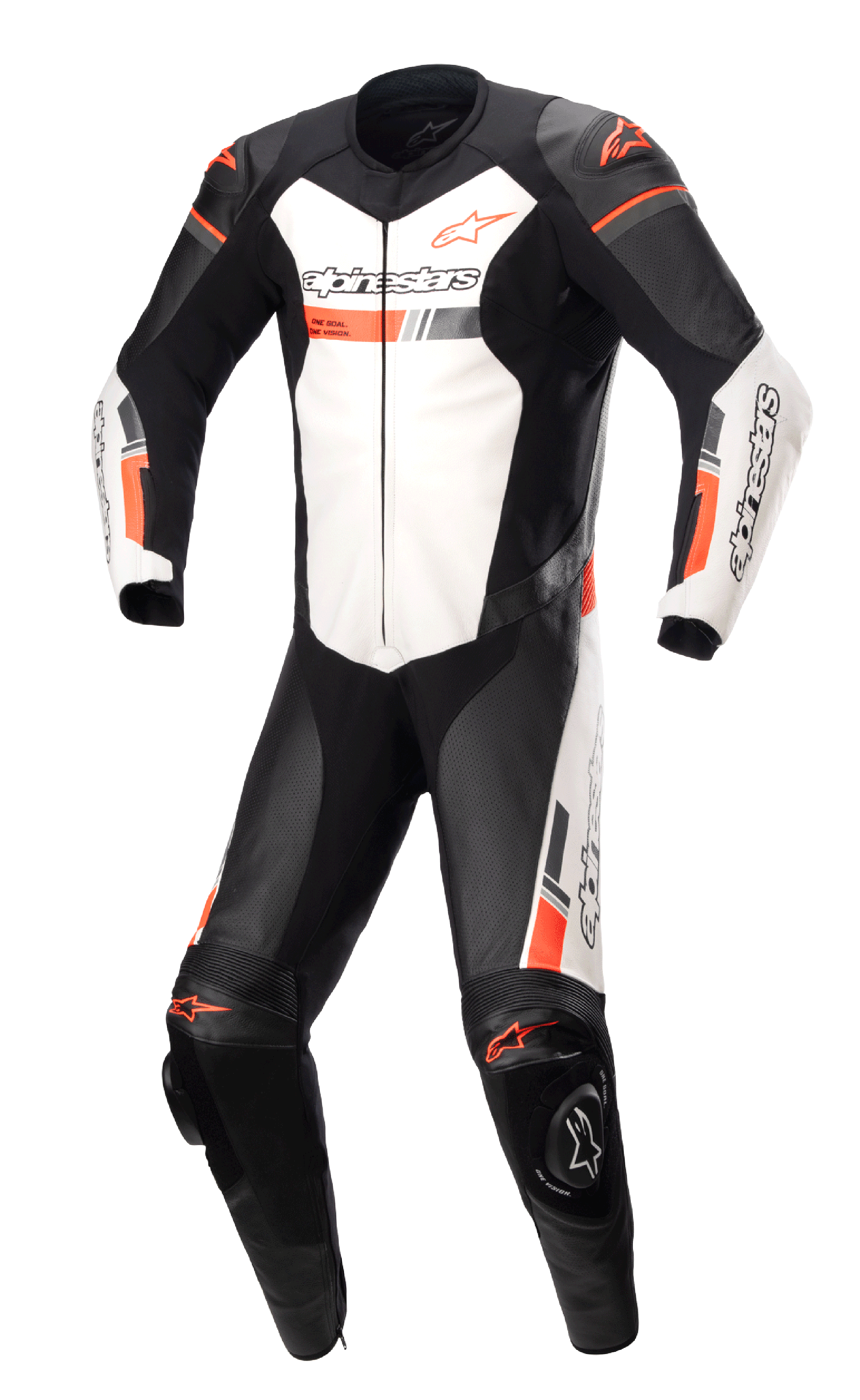 Alpinestars GP Force Chaser, tuta intera in pelle professionale da moto, nero e bianco con accenti rosso fluorescente, pannelli in pelle traforata, protezioni esterne per spalle e ginocchia, costruzione in pelle bovina