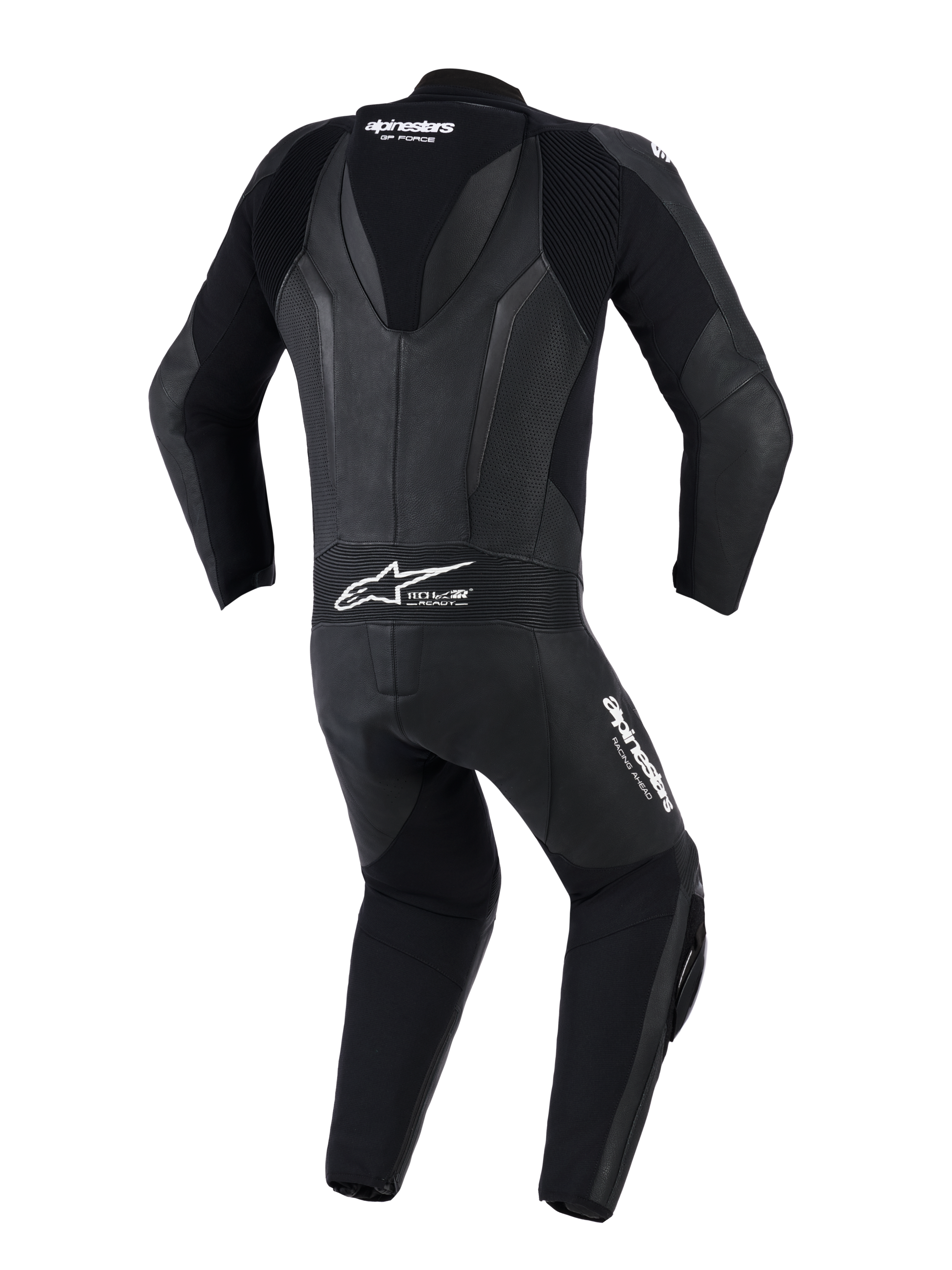 Alpinestars GP Force V2 Leather Suit - 1Piece, nero, vista posteriore con gobba aerodinamica, pannelli in pelle traforata e zone elasticizzate a fisarmonica su spalle e parte bassa della schiena, logo Tech-Air Ready, attrezzatura professionale da pista e guida sportiva